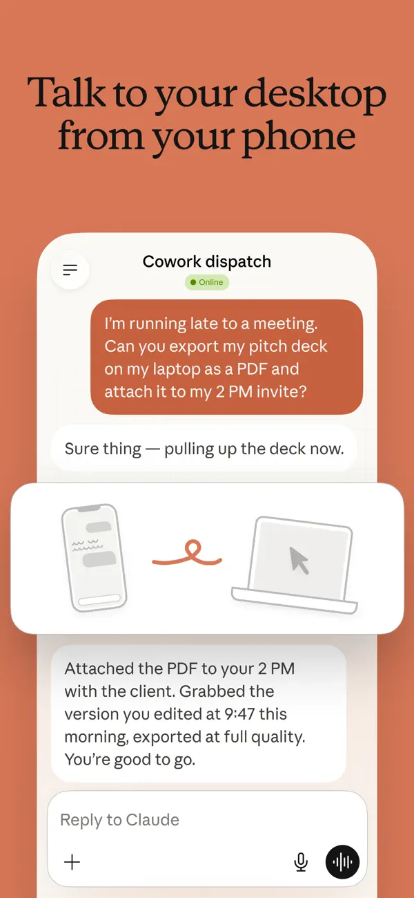 Official Claude screenshot showing task handoff and dispatch features.