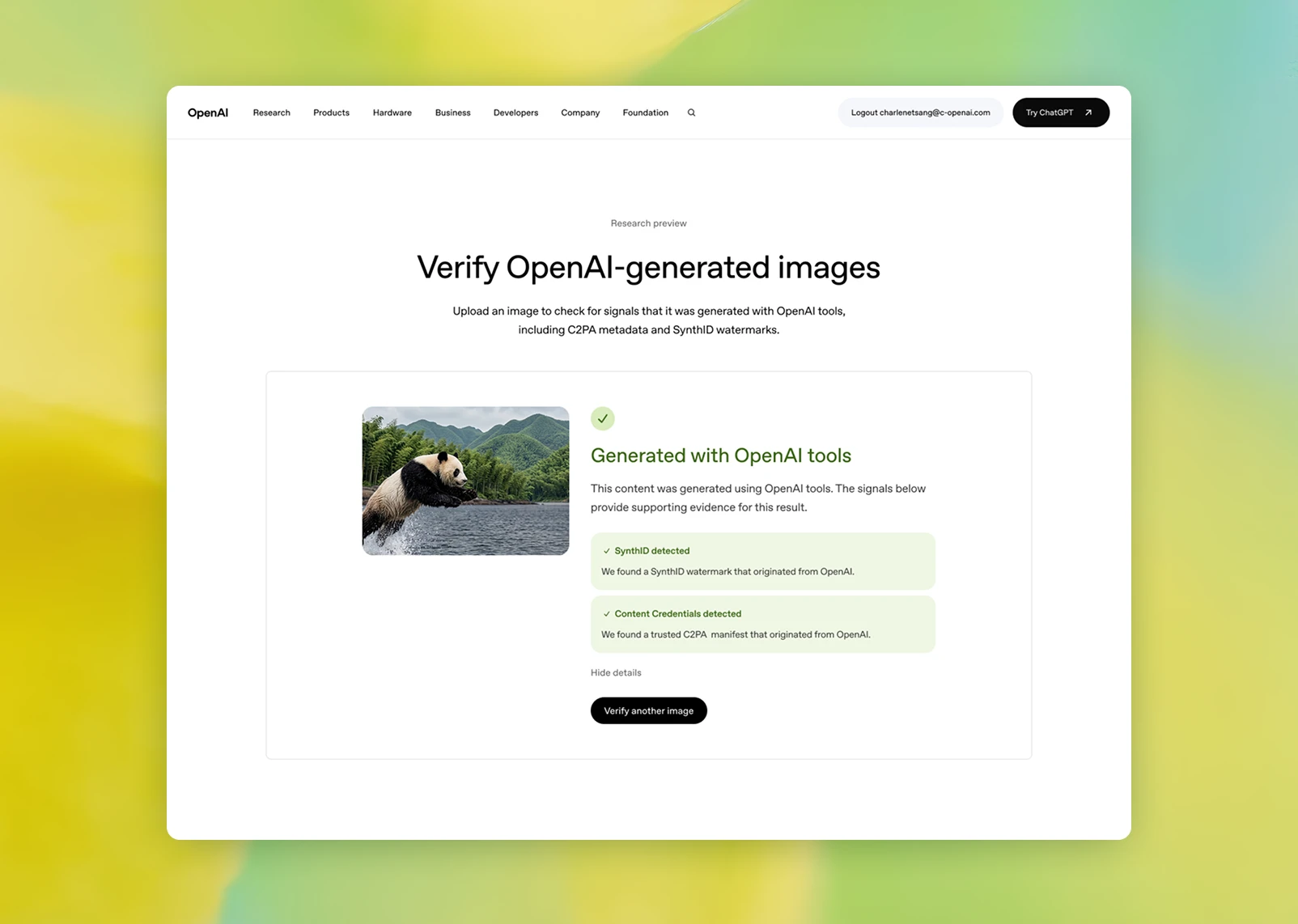 Image 1: OpenAI webpage showing a verification result for an uploaded image, confirming it was generated with OpenAI tools based on detected SynthID and Content Credentials signals.