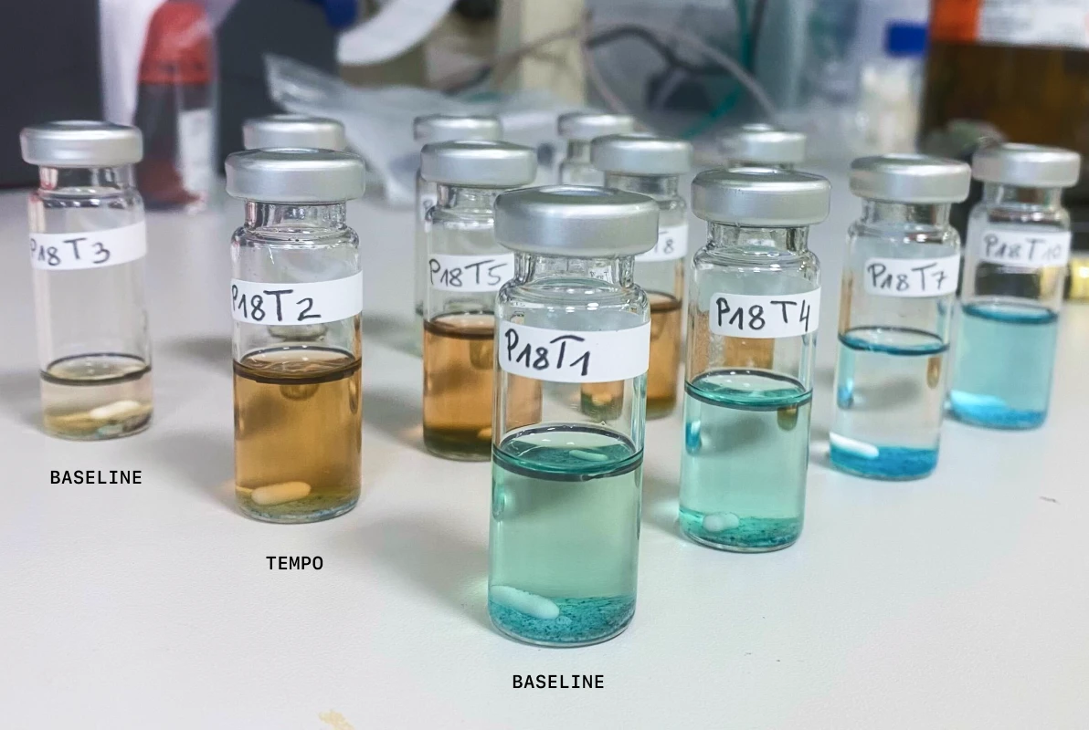 Image 1: Labeled glass reaction vials from Molecule.one bench-scale validation experiments.