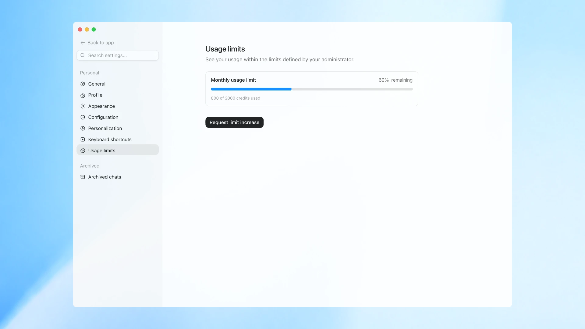 Image 3: End-user view of spend controls and requesting limit increase