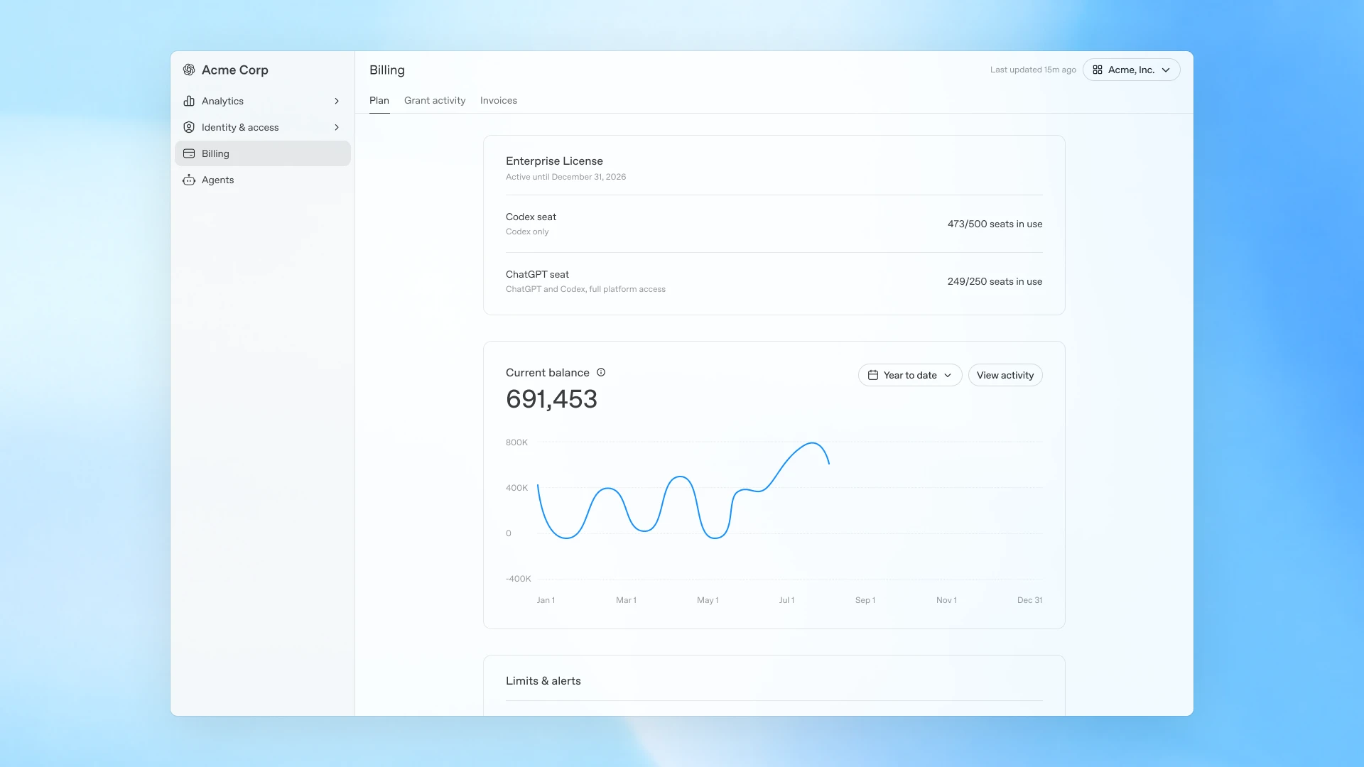 Image 1: Billing tab and overall plan view in the global admin console