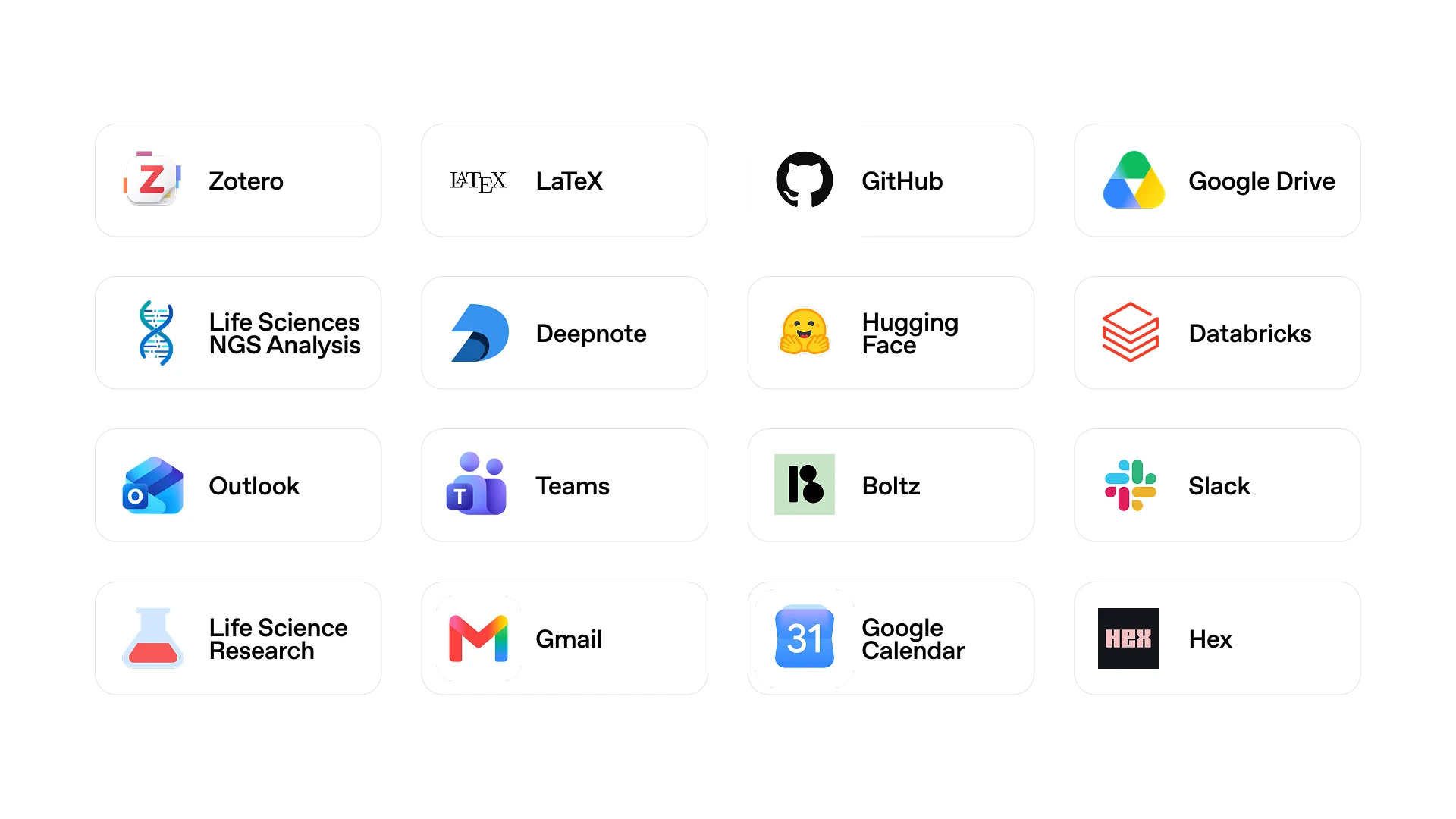 Image 1: Grid of logos for research skills and connectors, including Life Science Research, NGS Analysis, Hex, Boltz, Google Drive, Gmail, Google Calendar, Zotero, Outlook, Teams, GitHub, Slack, LaTeX, Deepnote, Hugging Face, and Databricks.