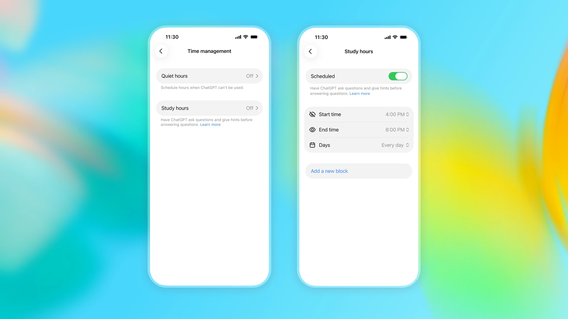 Image 2: ChatGPT time-management settings showing scheduled Study hours with configurable start time, end time, and days.