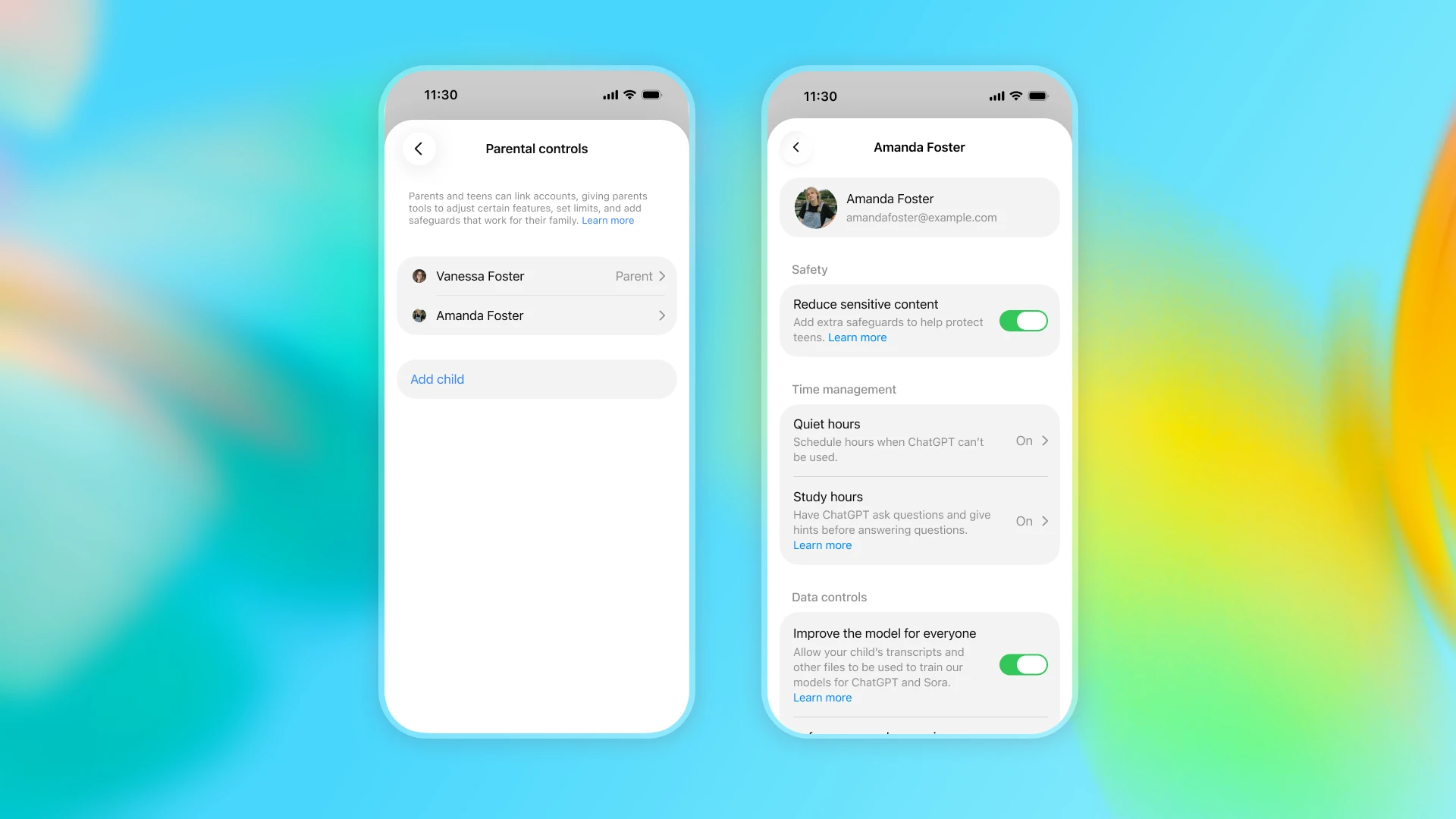 Image 3: ChatGPT parental controls showing linked accounts and settings for sensitive content, quiet hours, study hours, and data controls.