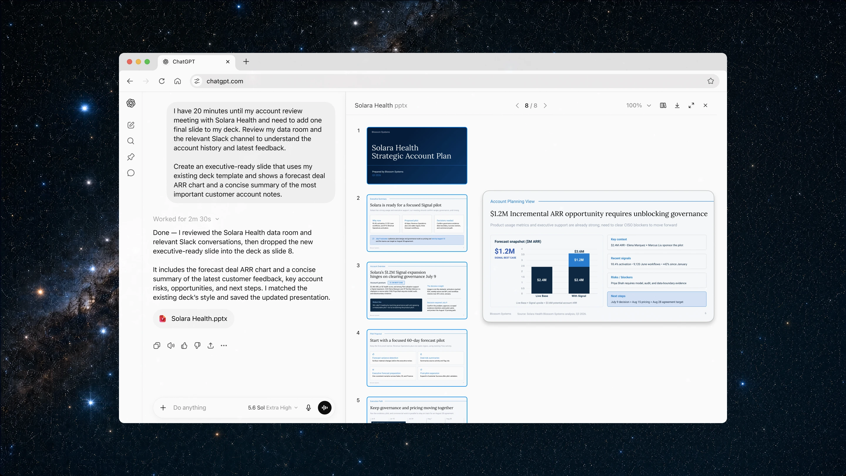 Image 4: ChatGPT Work updates a strategic account plan slide deck after reviewing a customer data room and Slack conversations.