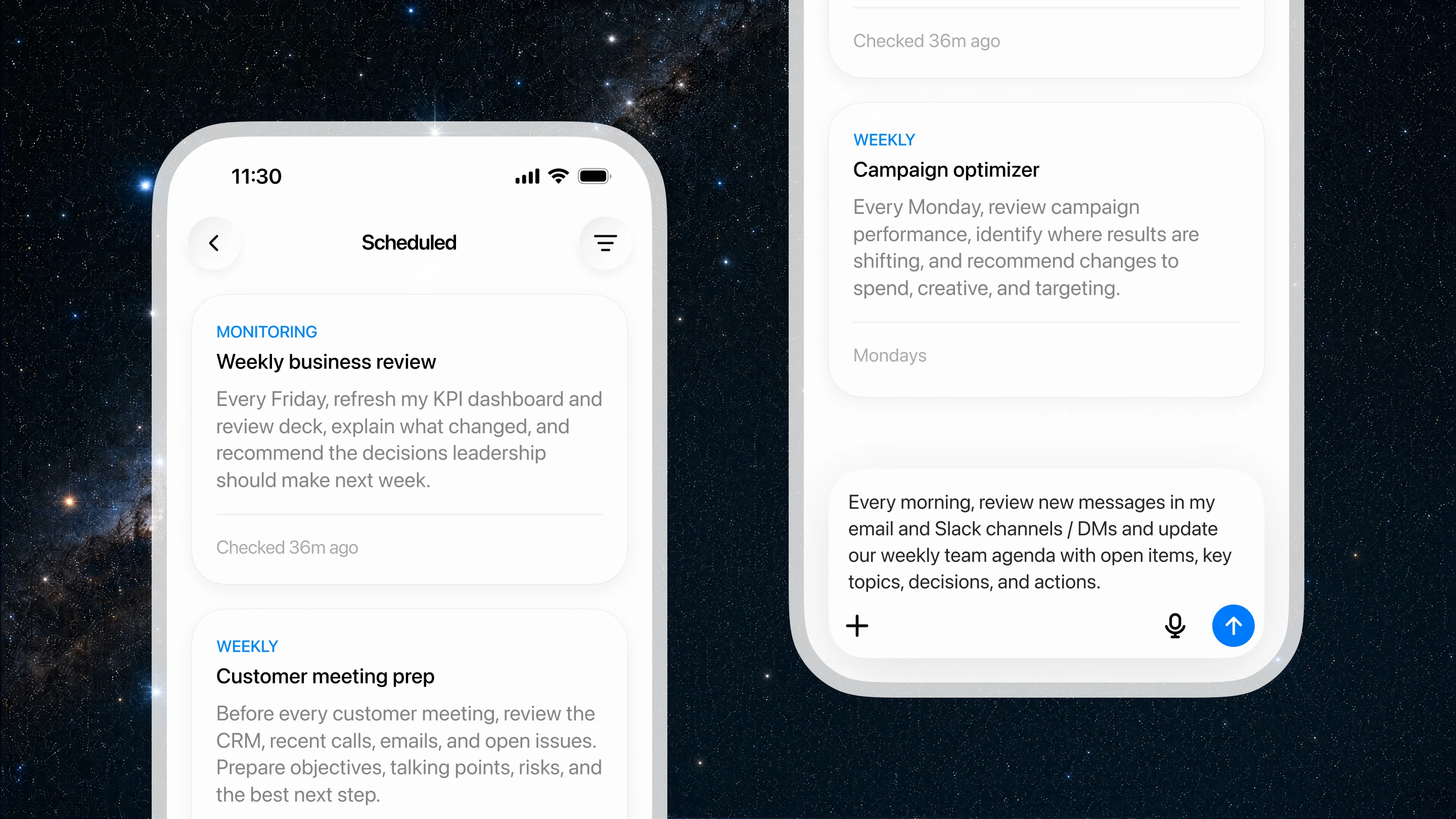 Image 6: ChatGPT Scheduled tasks for a weekly business review, customer meeting preparation, and campaign optimization on mobile.