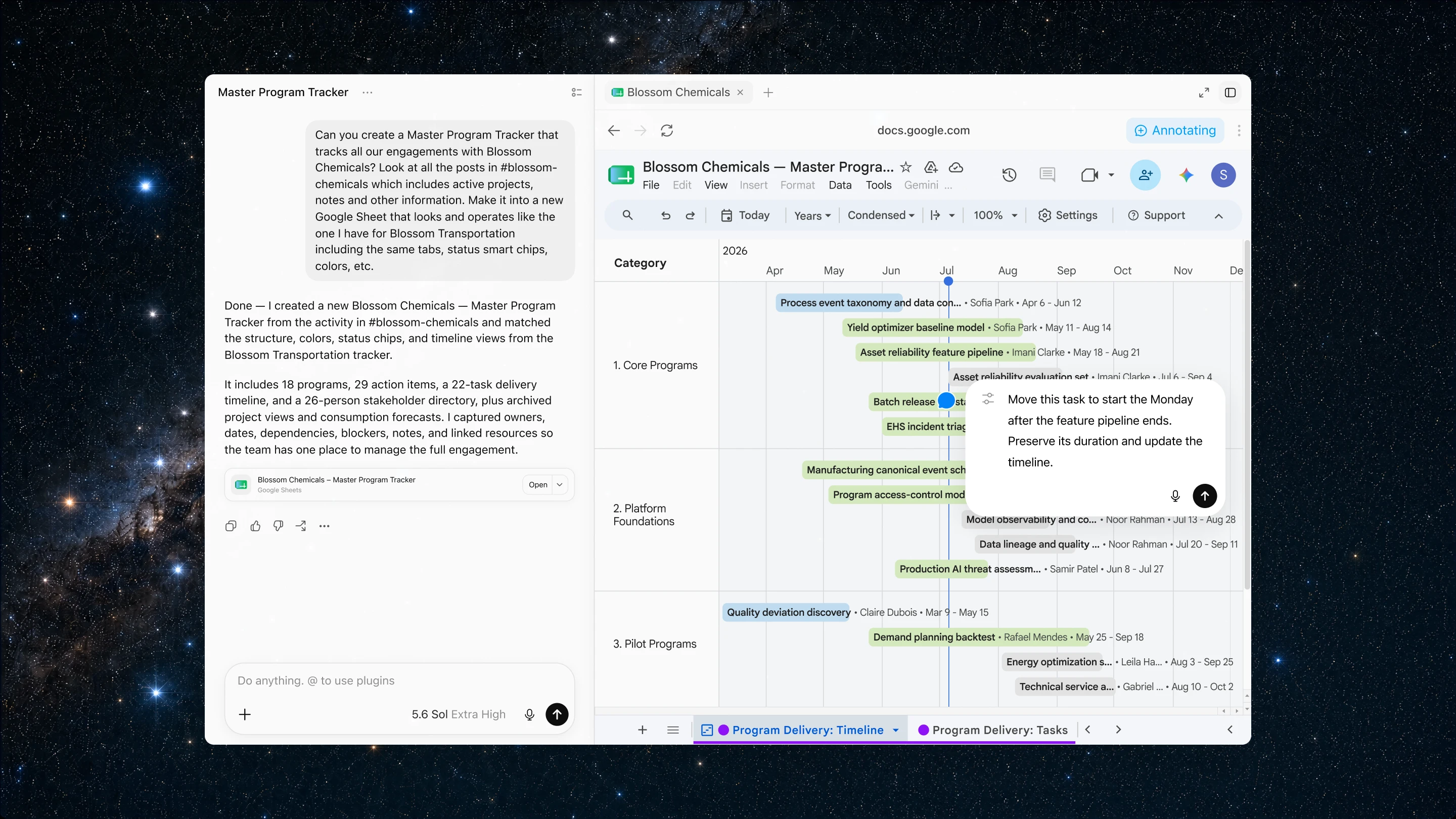 Image 7: ChatGPT Work creates and edits a master program tracker in Google Sheets with timelines and tasks.
