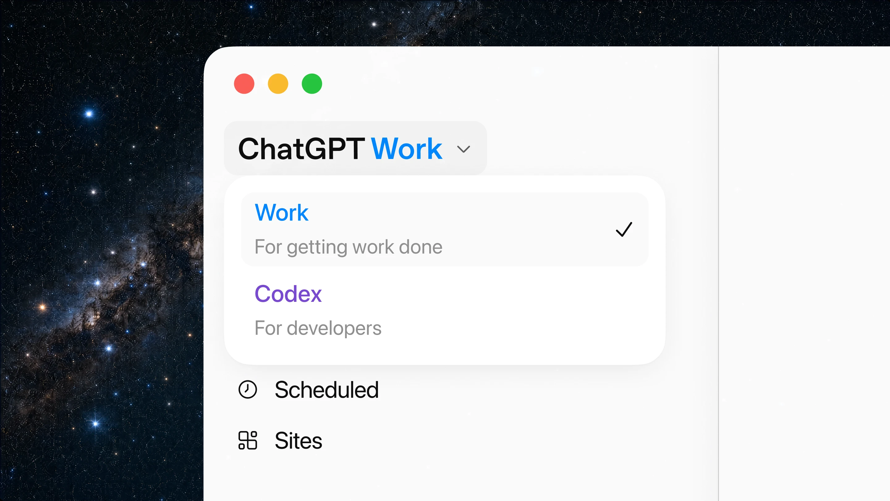 Image 2: ChatGPT desktop app menu with Work selected above Codex, Scheduled, and Sites.