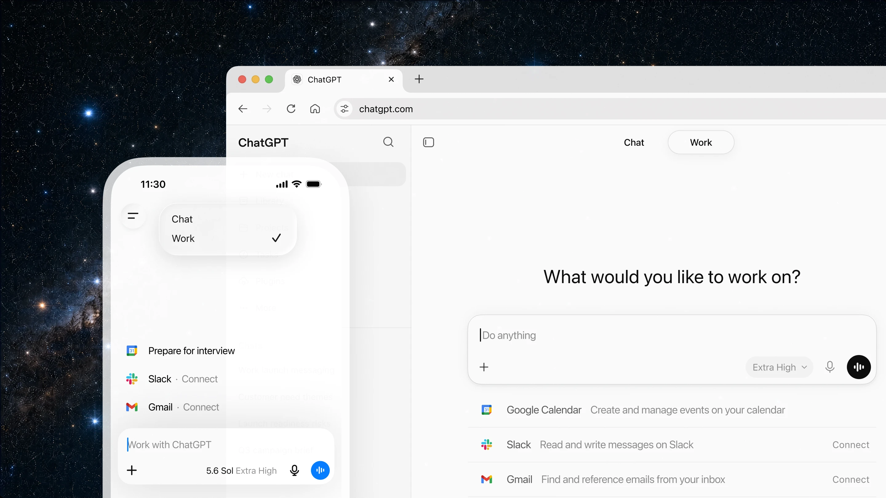 Image 1: ChatGPT Work displayed on desktop and mobile, with Google Calendar, Slack, and Gmail integrations against a starry background.
