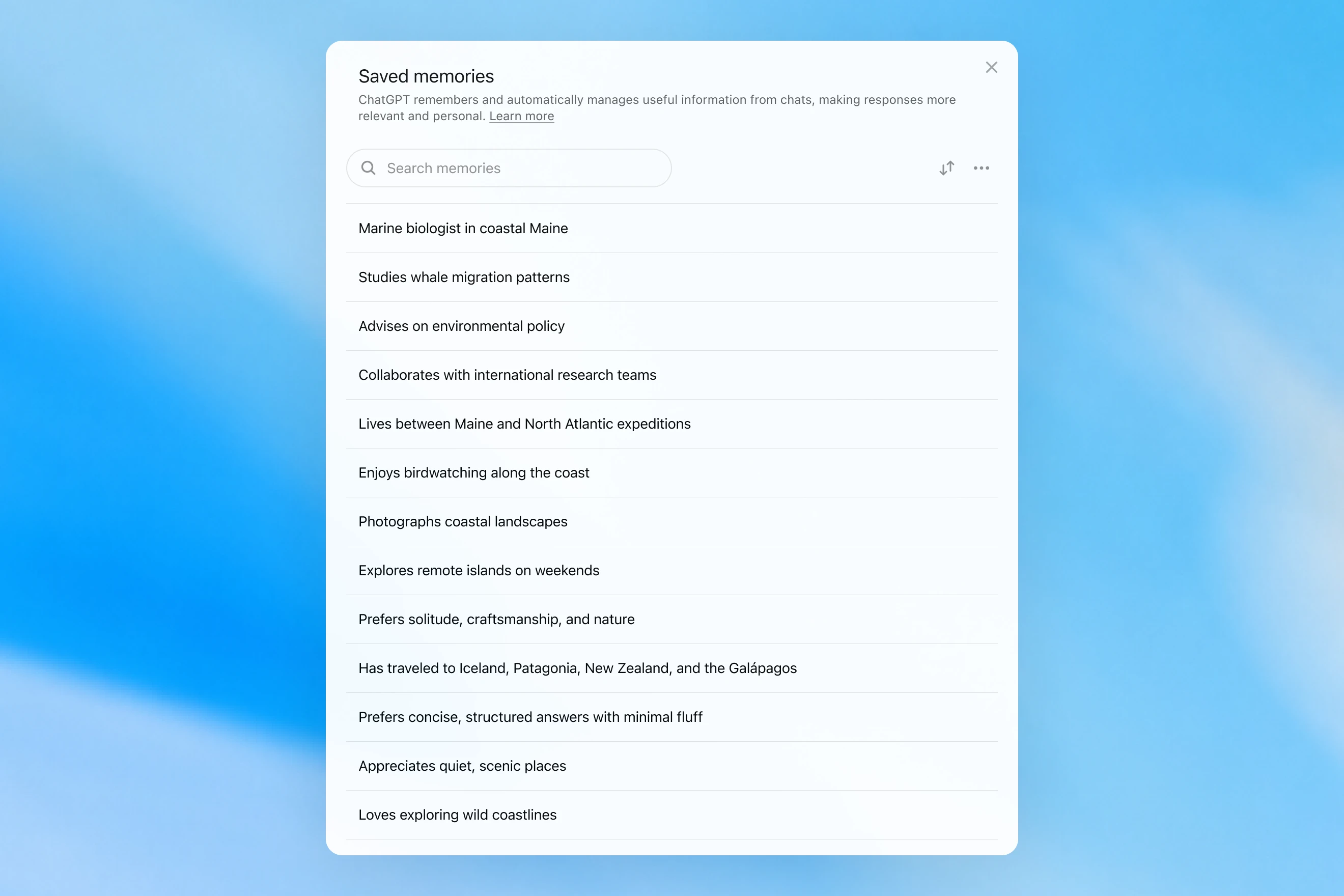 Image 4: Saved memories modal showing a searchable list of personal details, including work, interests, travel, and response preferences.