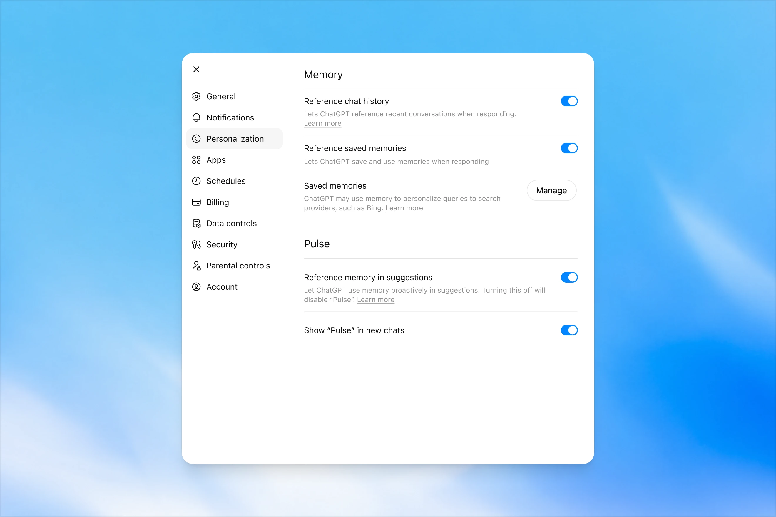 Image 5: Memory settings page in ChatGPT showing options to reference chat history, use saved memories, manage saved memories, and enable Pulse memory suggestions.