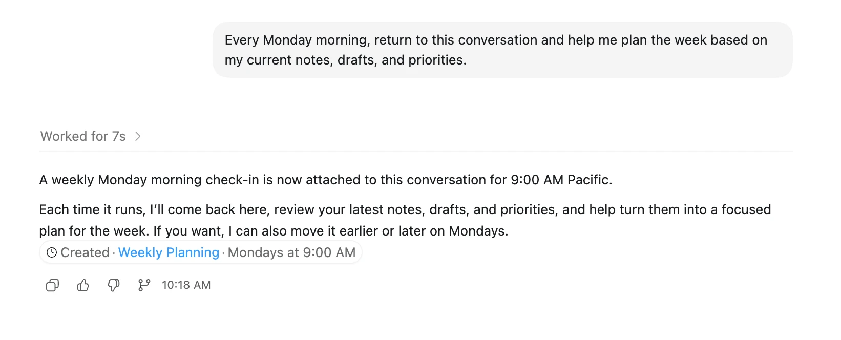 Image 1: Screenshot of a user submitting a prompt to schedule a recurring automation in Codex