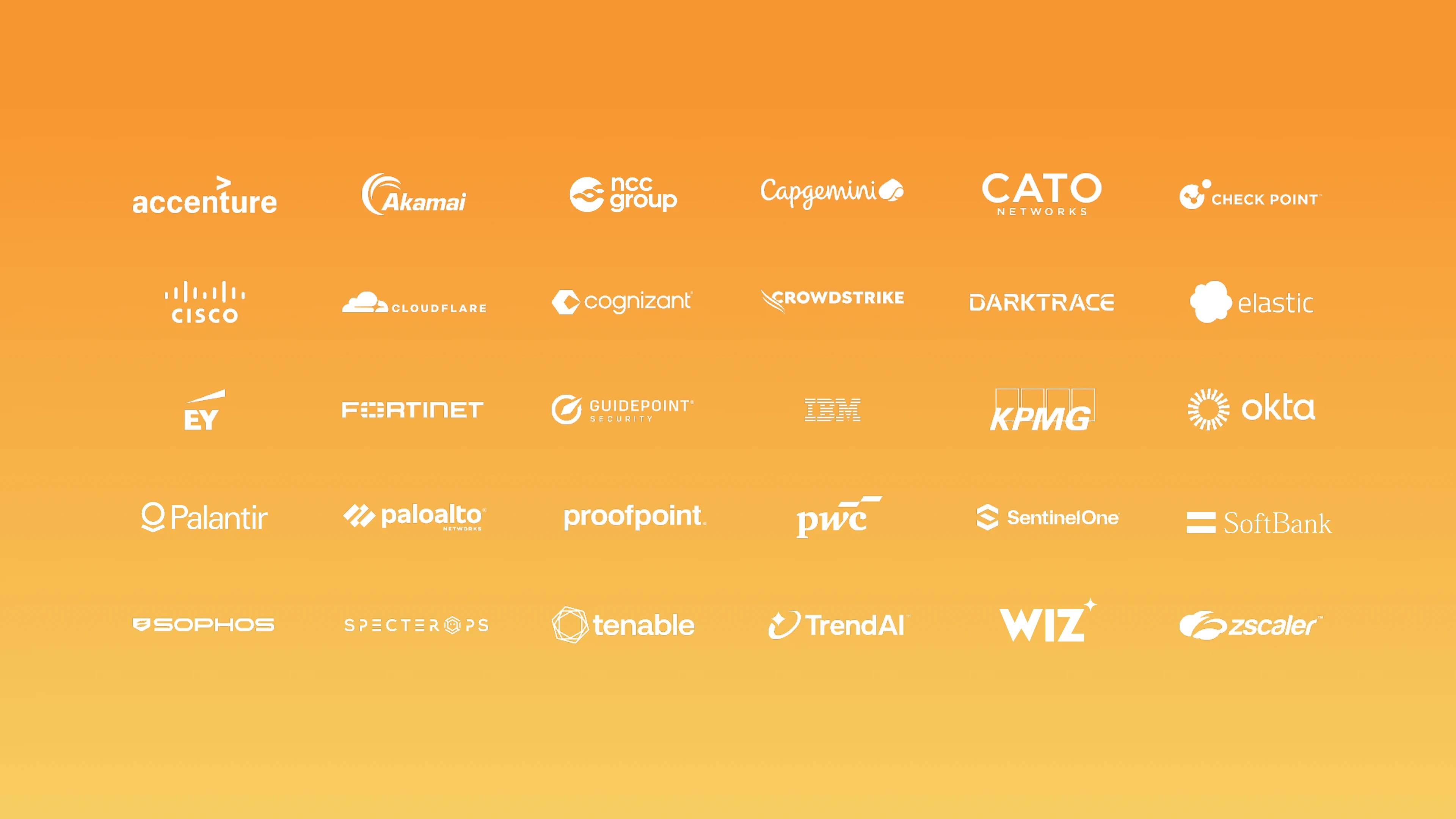 Image 3: Logo cloud on an orange-to-yellow gradient background showing customer or partner logos, including Accenture, Akamai, NCC Group, Capgemini, Cato Networks, Check Point, Cisco, Cloudflare, Cognizant, CrowdStrike, Darktrace, Elastic, EY, Fortinet, GuidePoint Security, IBM, KPMG, Okta, Palo Alto Networks, Proofpoint, PwC, SentinelOne, SpecterOps, Sophos, Tenable, Trend AI, Wiz, and Zscaler.