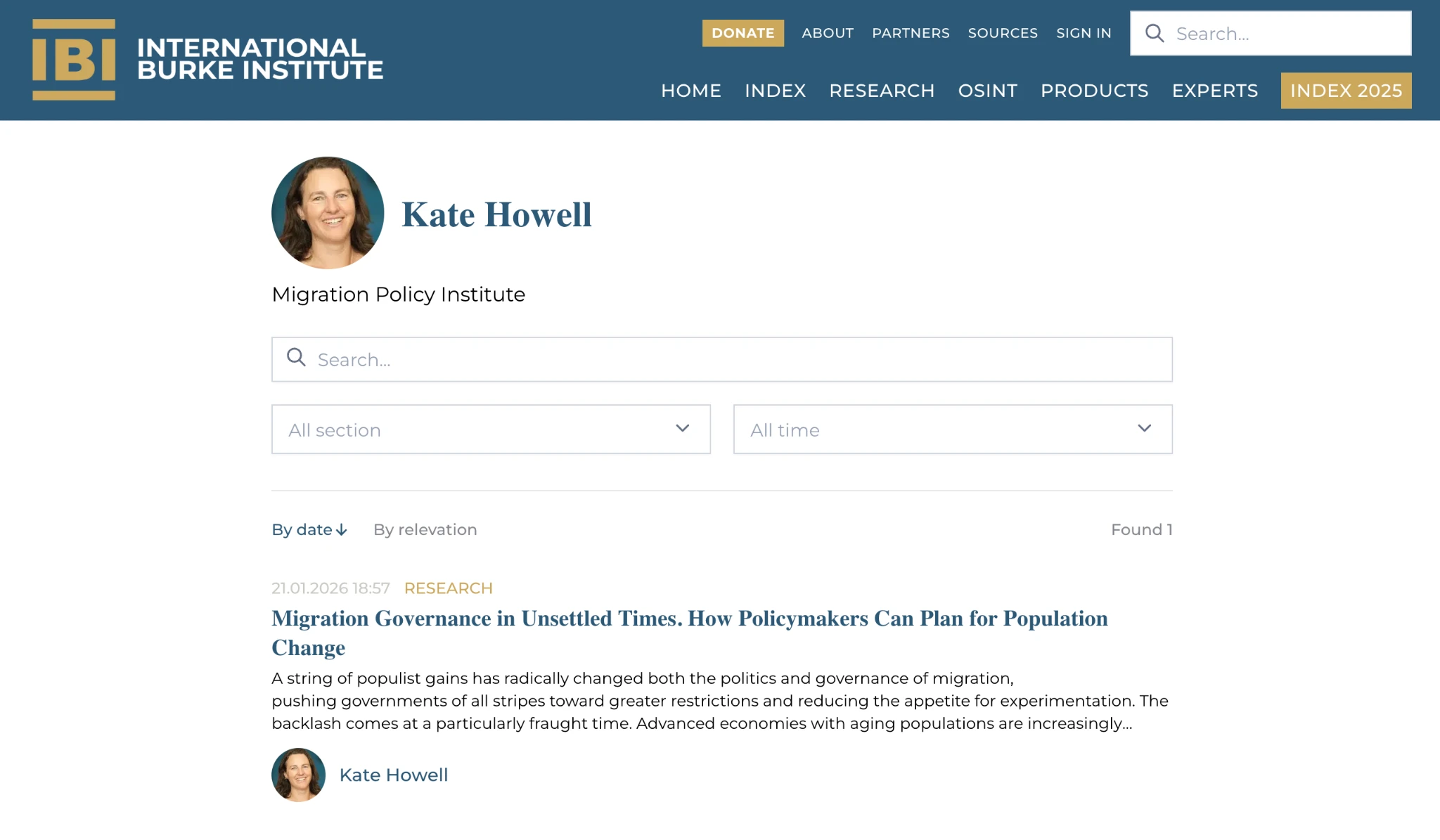 Image 7: IBI author page for Kate Howell with an article dated 21 January 2026.