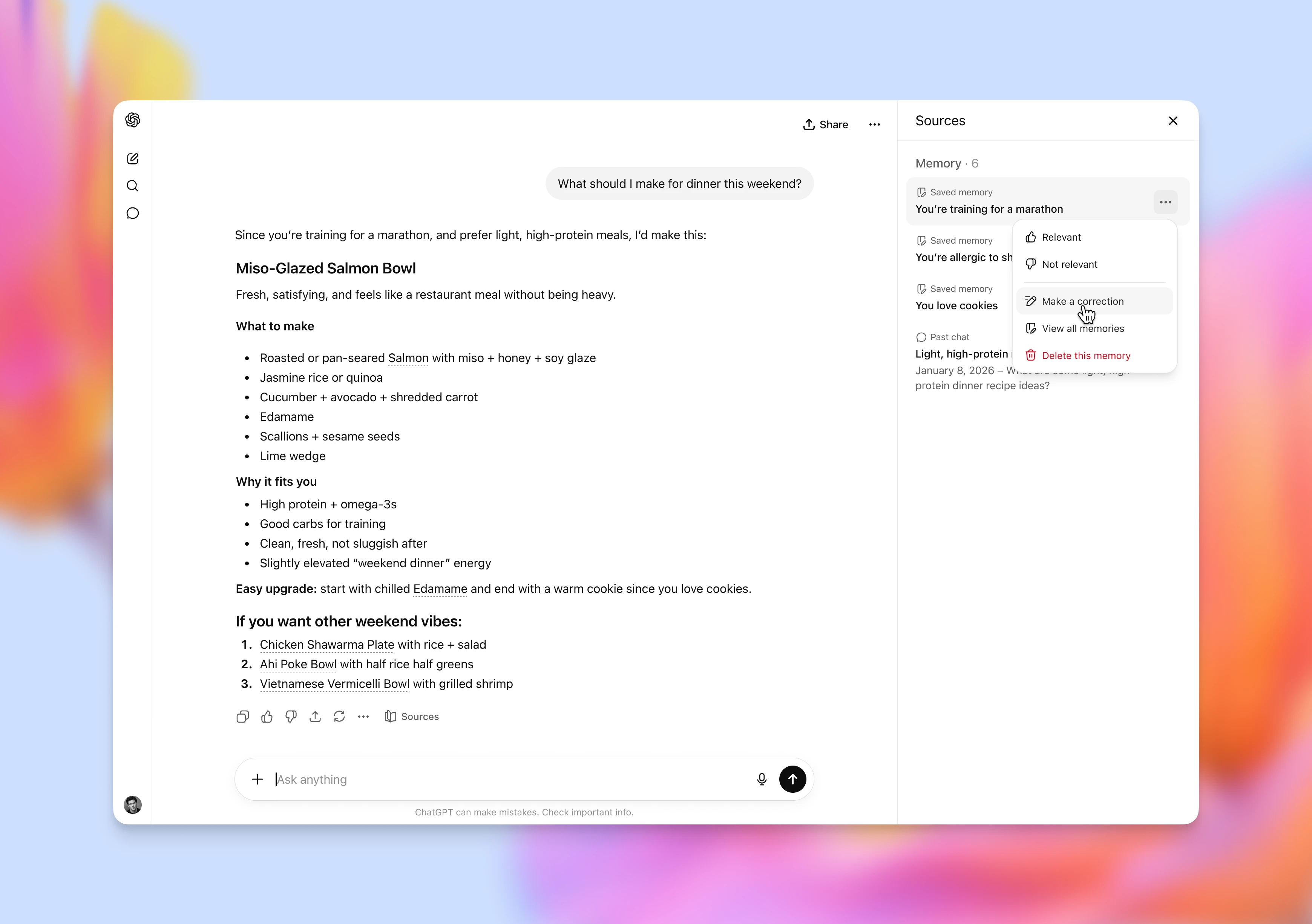 Image 3: ChatGPT interface showing personalized meal recommendations generated using saved memory and connected apps.