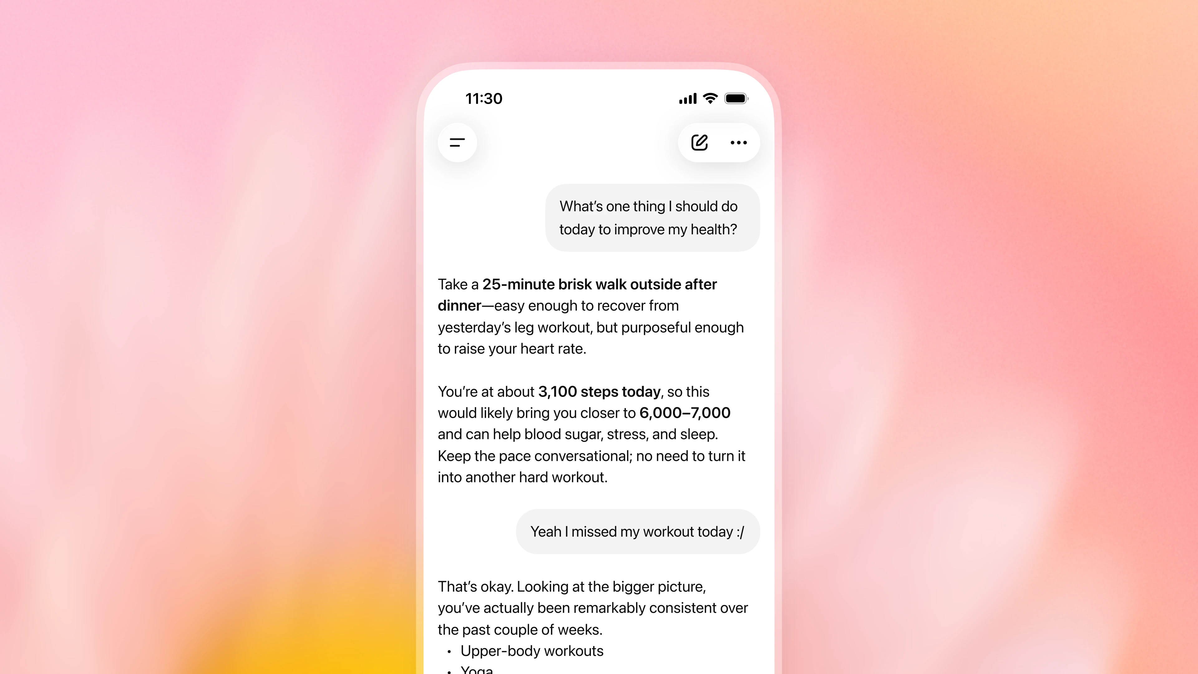 Image 1: Mobile phone showing a ChatGPT Health conversation recommending a 25-minute brisk walk after dinner, based on the user’s recent activity and missed workout.