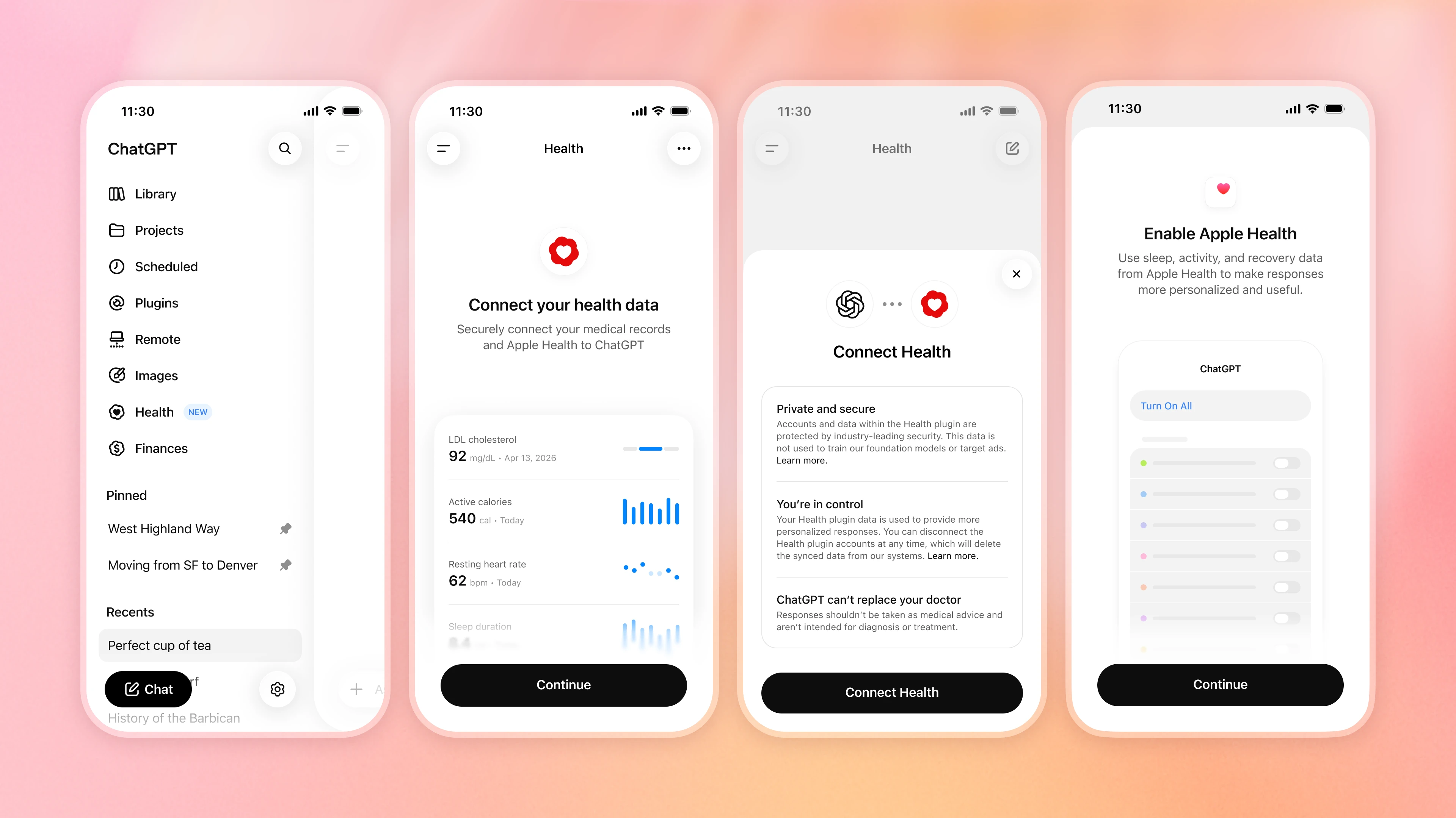 Image 2: Four mobile phone mockups showing the ChatGPT Health setup flow: selecting Health from the sidebar, connecting health data, reviewing privacy information, and enabling Apple Health.