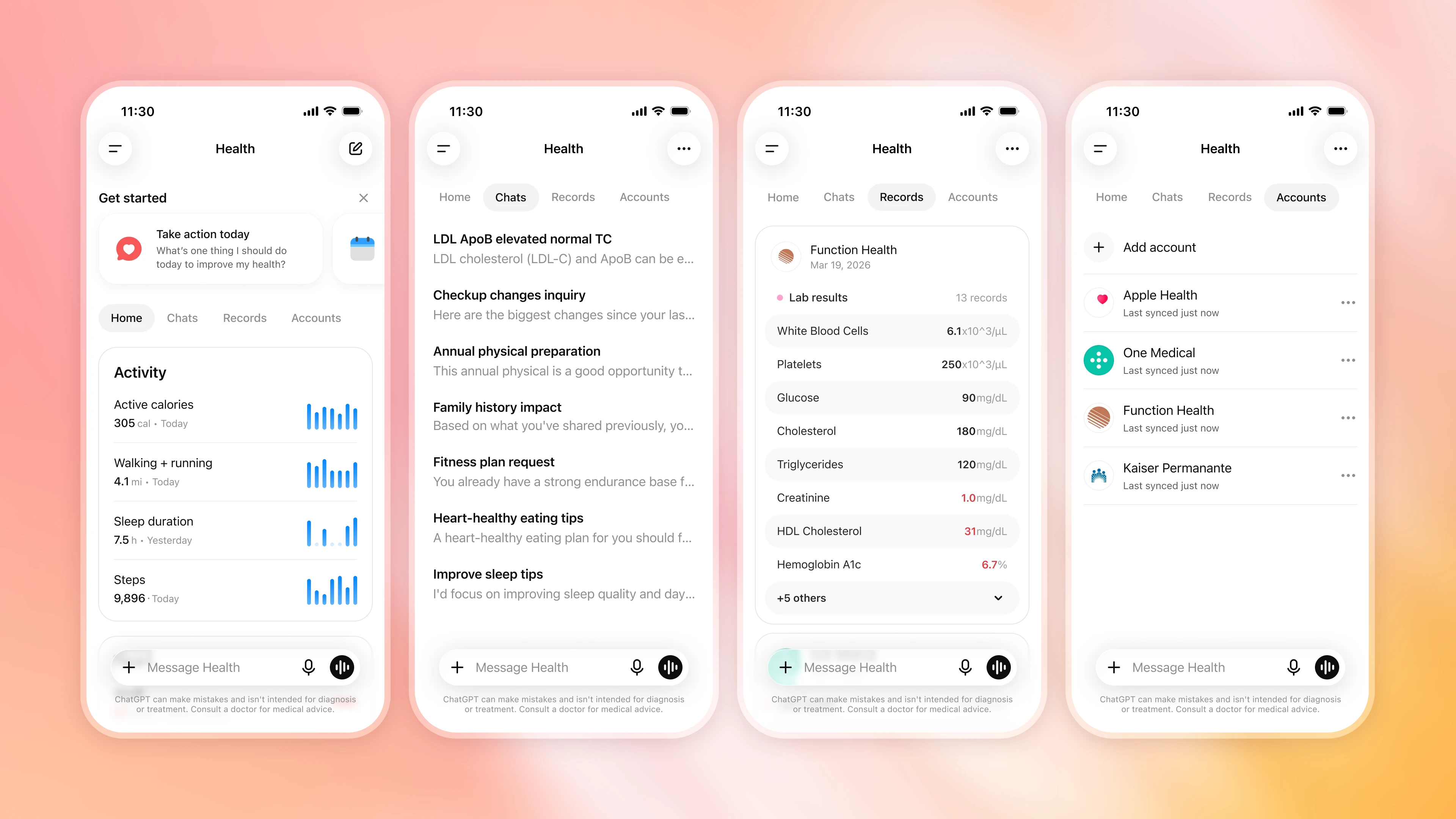 Image 6: Four mobile phone mockups showing ChatGPT Health screens for activity and health metrics, health-related chats, lab records, and connected healthcare accounts.