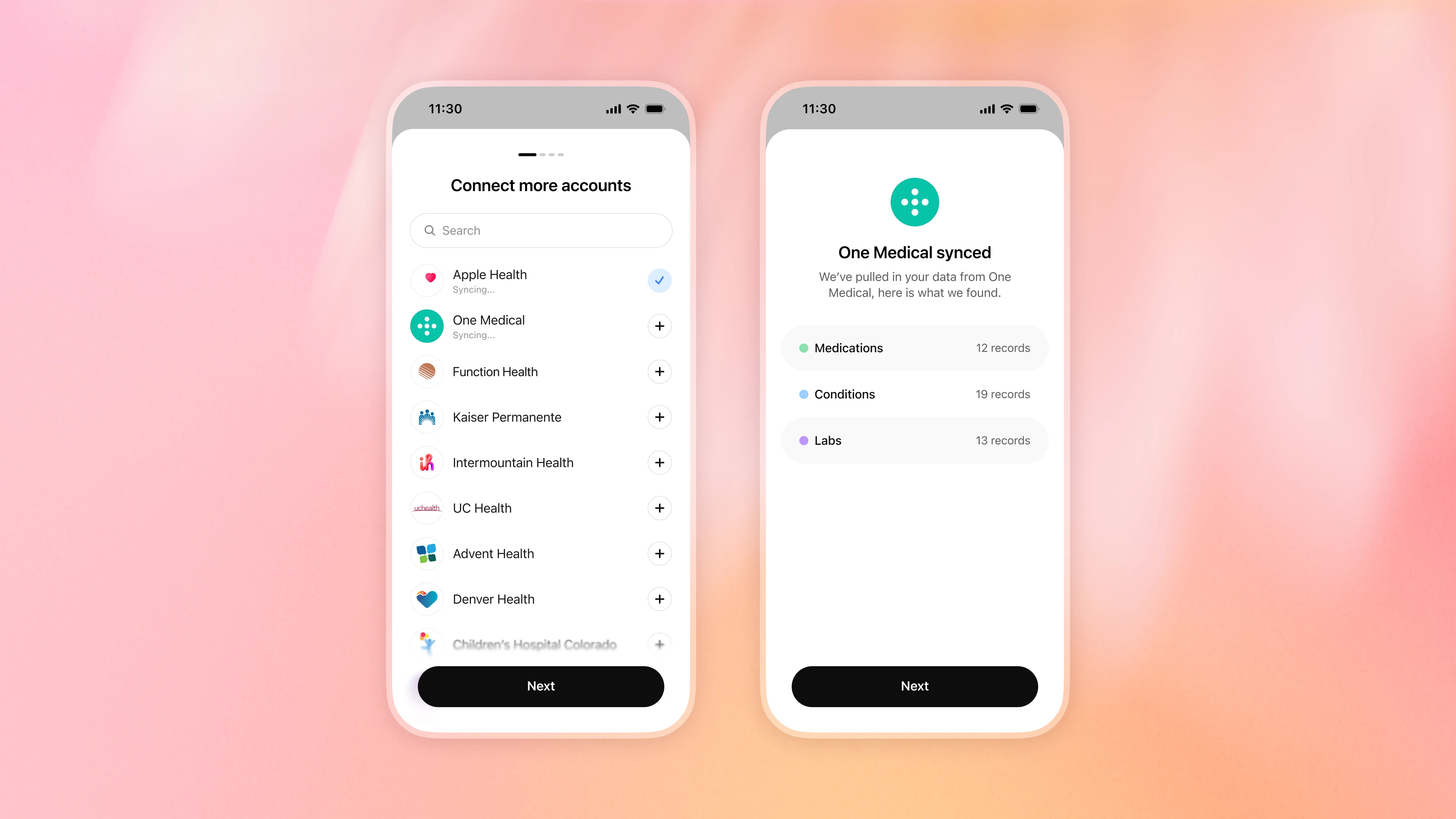 Image 3: Two mobile phone mockups showing a list of healthcare accounts available to connect and a confirmation that One Medical data has synced, including medications, conditions, and lab records.