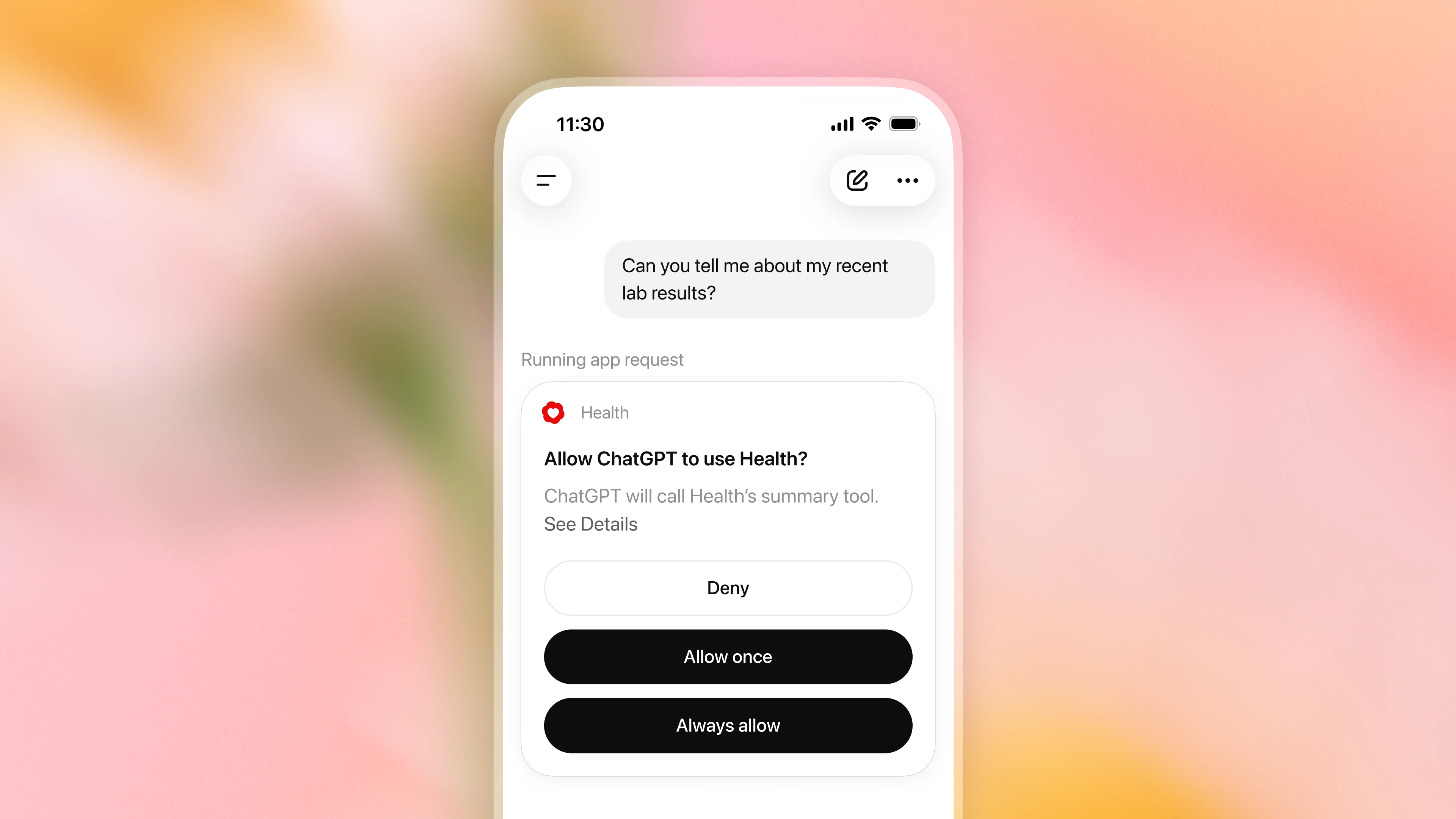 Image 5: Close-up of an mobile phone showing a request about recent lab results and a permission prompt asking whether ChatGPT may use the Health app once or always.