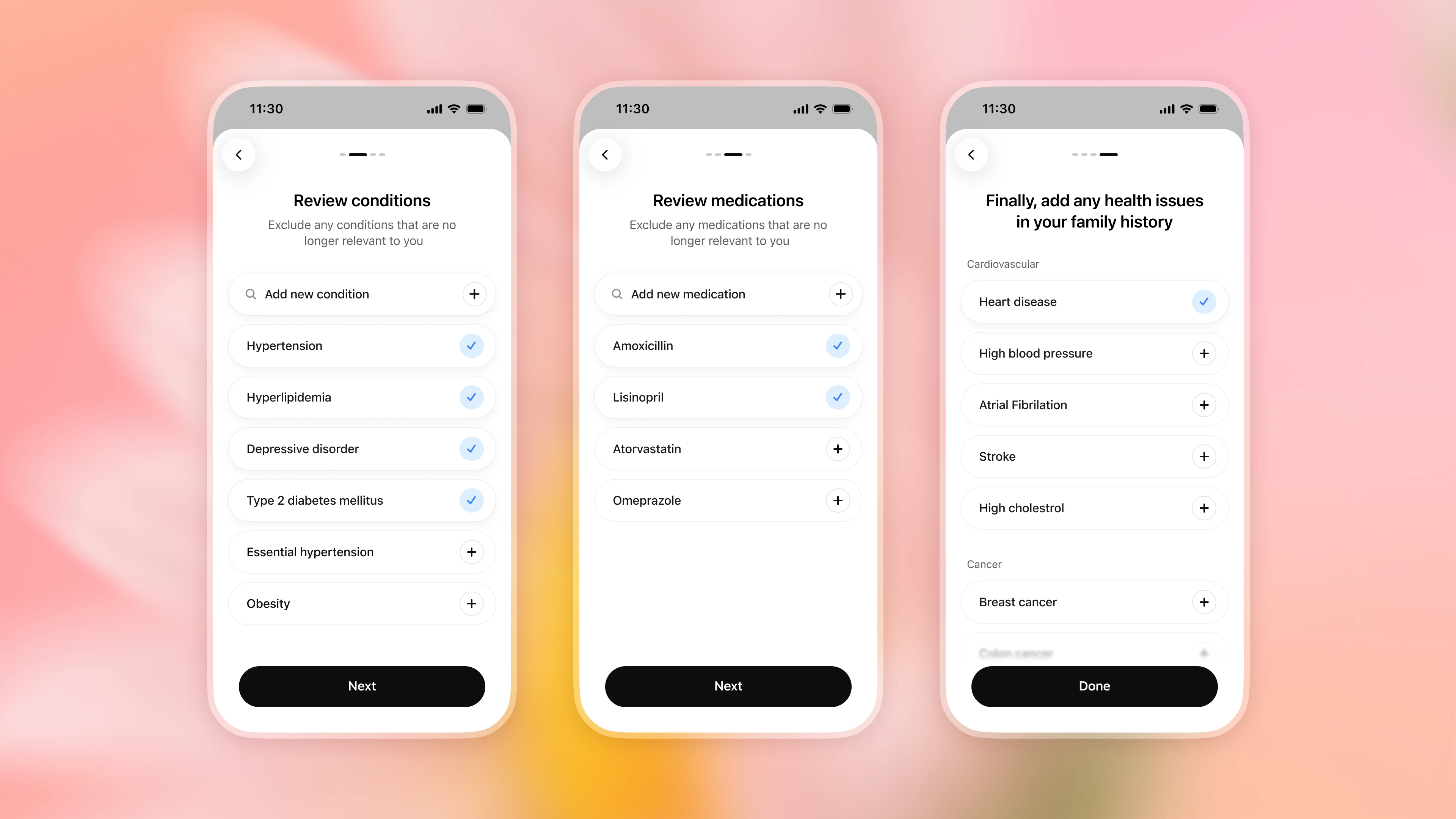 Image 4: Three mobile phone mockups showing setup screens for reviewing medical conditions, reviewing medications, and adding health issues from family history.