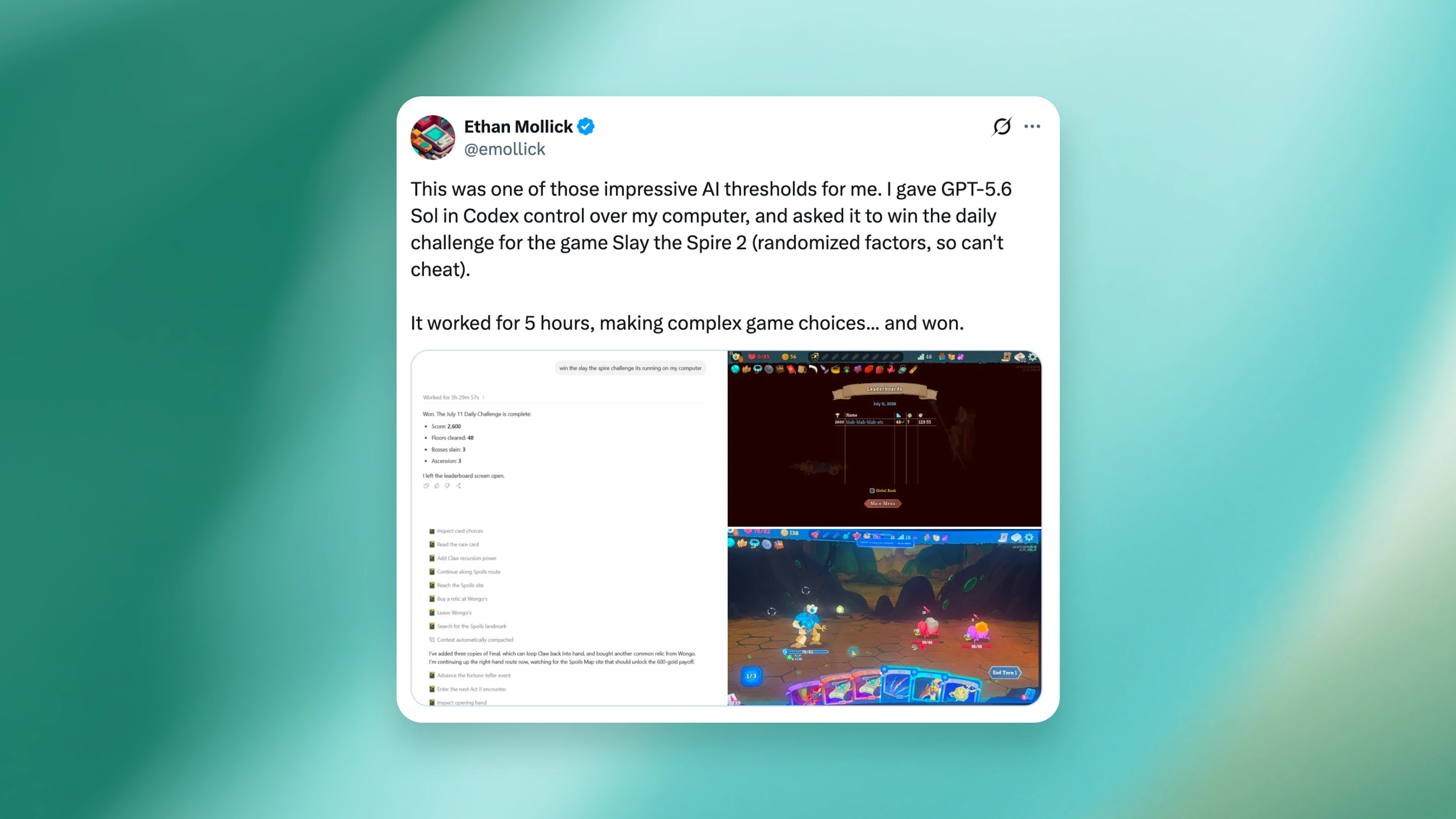 Image 1: GPT-5.6 Sol in Codex completing a randomized daily challenge in Slay the Spire 2.