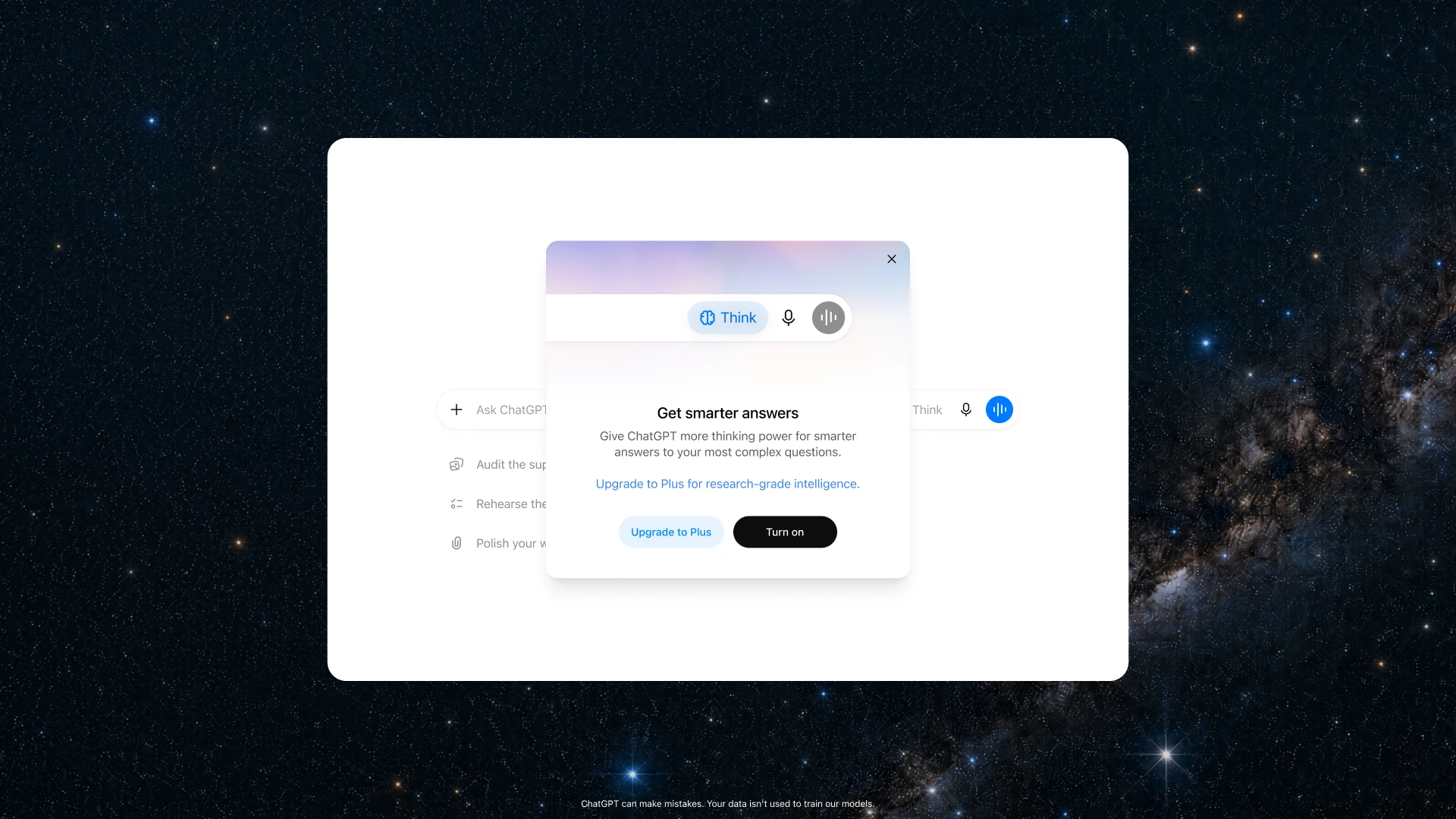 Image 1: ChatGPT Free interface showing the Think button and a “Get smarter answers” dialog with options to upgrade to Plus or turn on deeper reasoning.