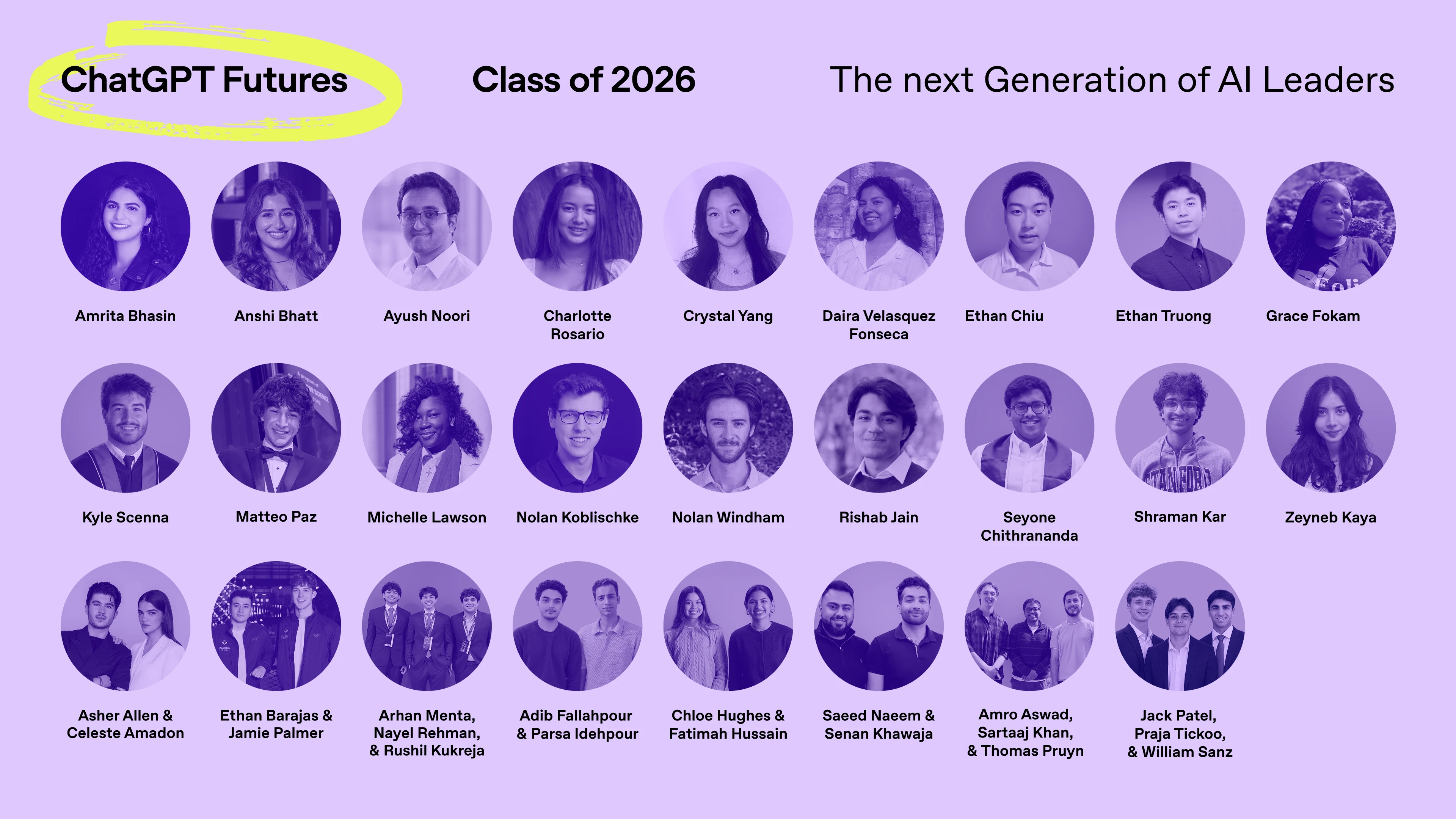 Image 1: Banner reading “ChatGPT Futures – Class of 2026: The next Generation of AI Leaders” with rows of student headshots and names displayed in a grid on a purple background.