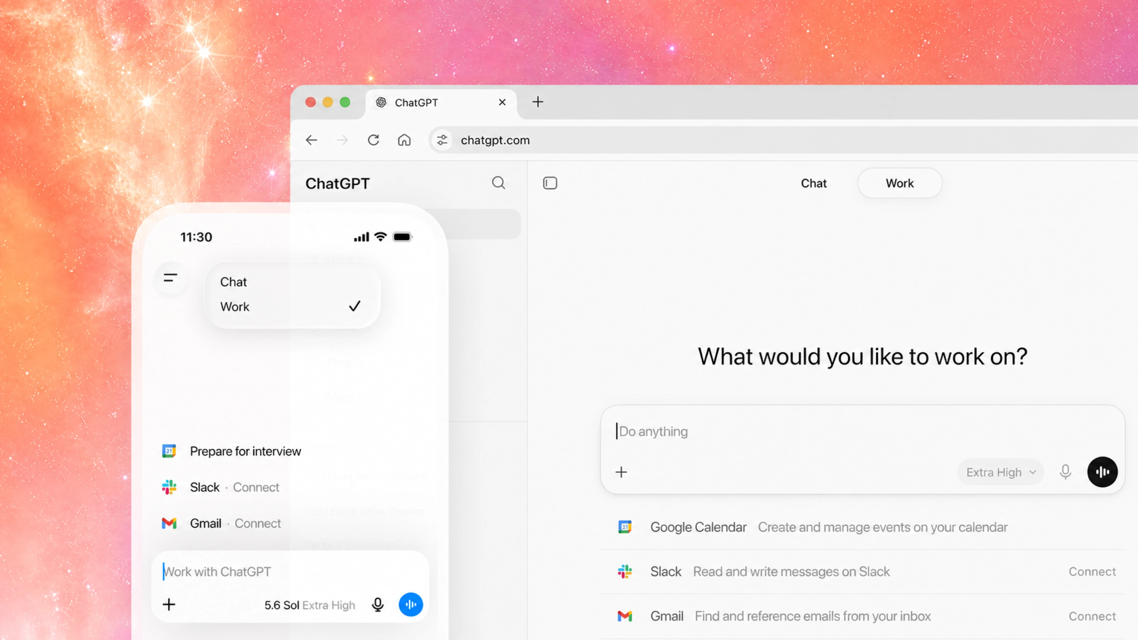 Image 1: ChatGPT Work interface shown on desktop and mobile, with connected apps visible against an orange gradient background.