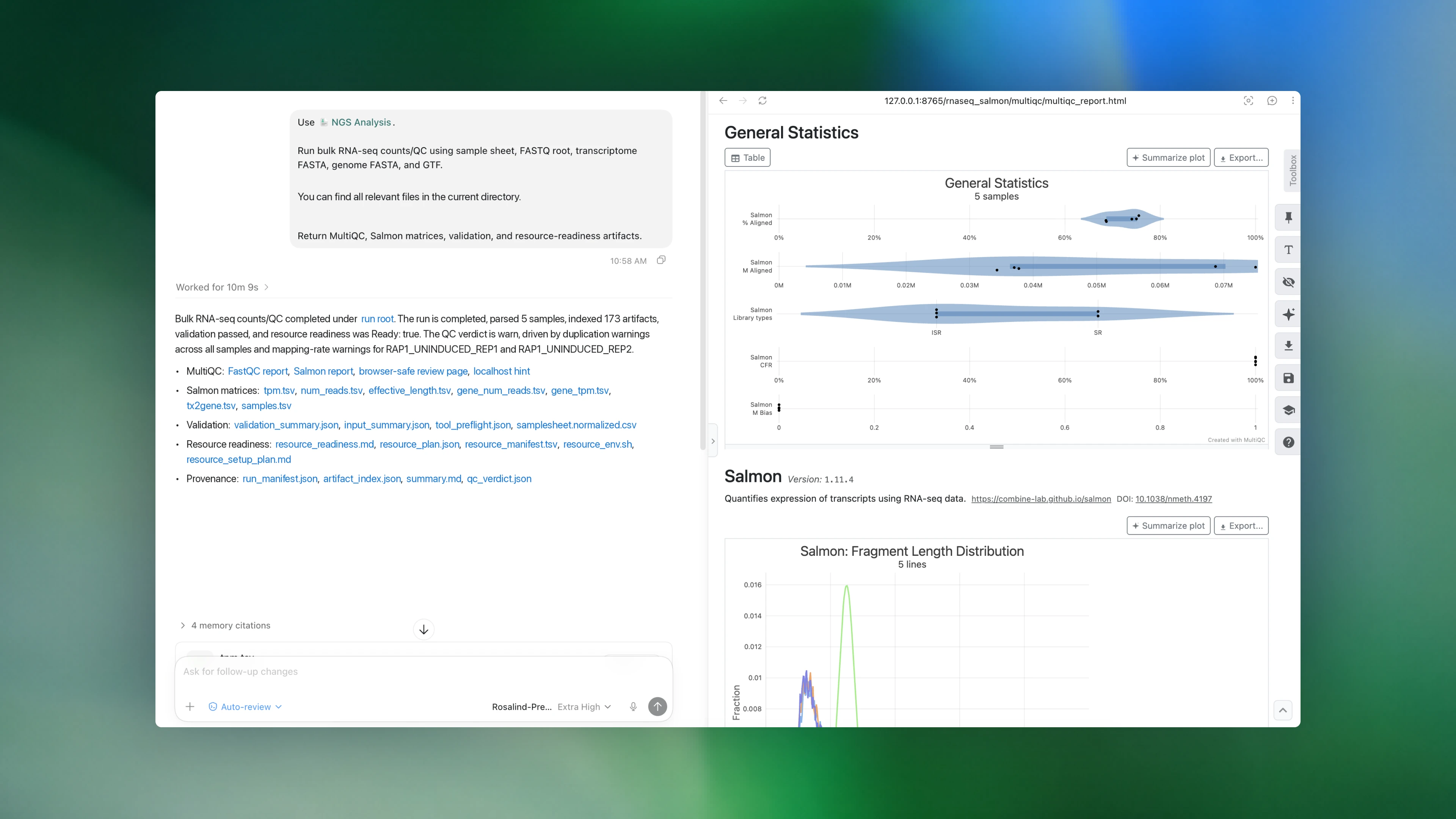 Image 3: Split-screen view of an RNA-seq workflow: an AI assistant summarizes completed bulk RNA-seq quality-control results on the left, while an interactive MultiQC report with sequencing statistics and Salmon metrics is displayed on the right.