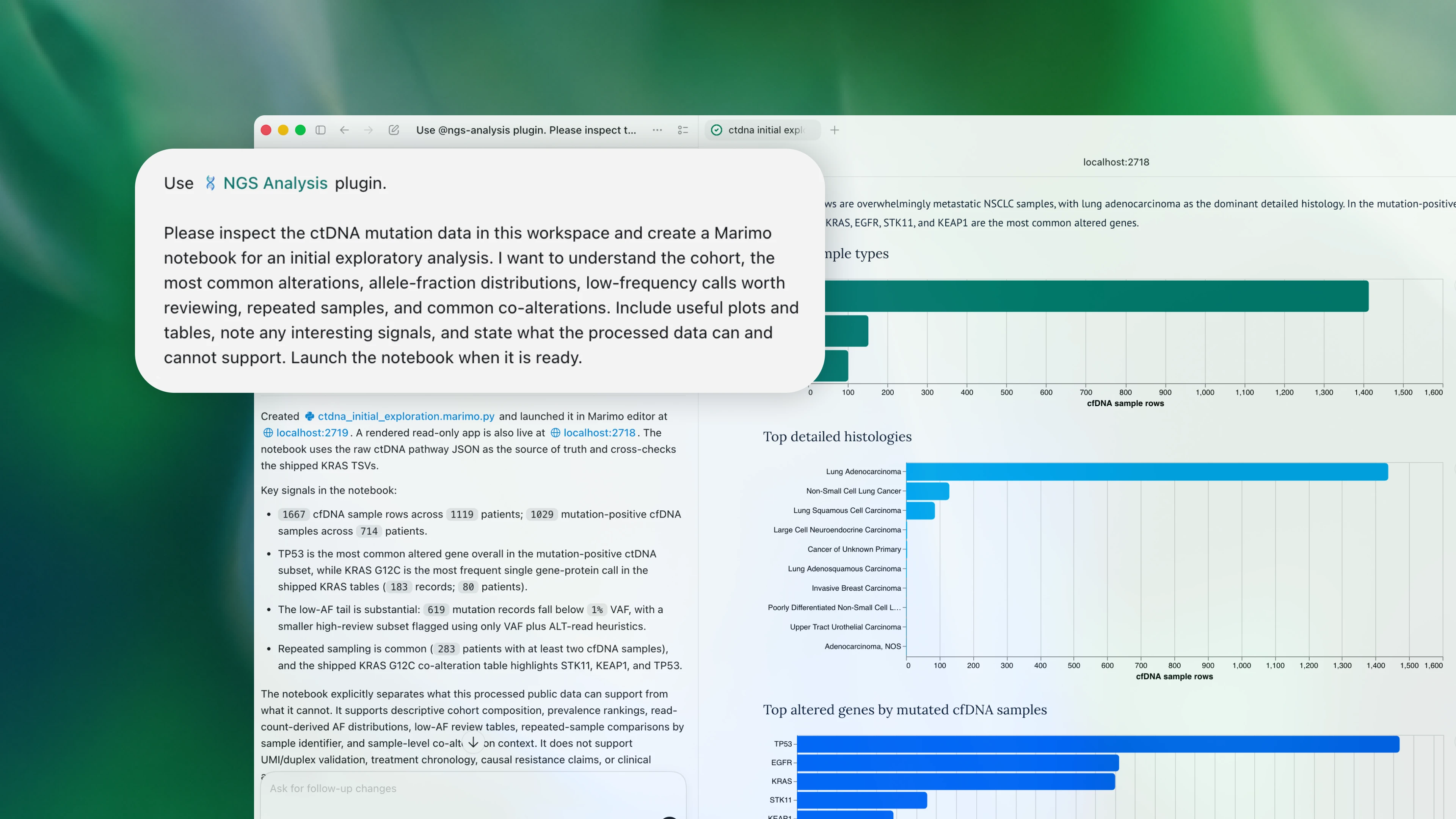 Image 1: A computer screen shows a workspace instructing the use of an NGS Analysis plugin to explore ctDNA mutation data. The screen includes several bar charts labeled "Top detailed histologies" and "Top altered genes by mutated cfDNA samples," displaying data on cancer types and gene alterations. Text describes the dataset, key findings, and analysis parameters.