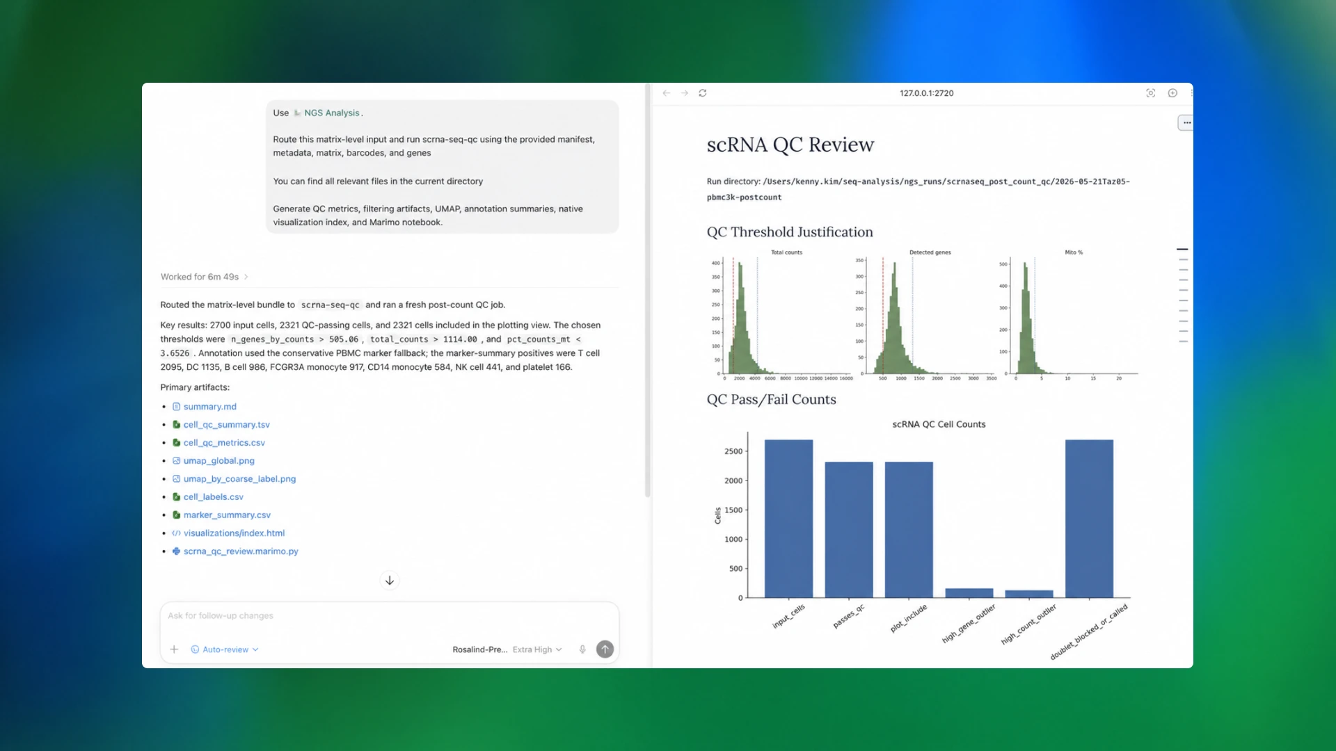 Image 2: Screenshot of a split-screen bioinformatics workflow. The left panel shows an AI assistant summarizing a completed single-cell RNA sequencing (scRNA-seq) quality-control analysis, including generated files, QC metrics, UMAP visualizations, and cell-type annotations. The right panel displays an “scRNA QC Review” report with histograms for total counts, detected genes, and mitochondrial percentage, alongside bar charts showing QC pass/fail counts and filtered cell populations. The interface is displayed against a blue-and-green gradient background.