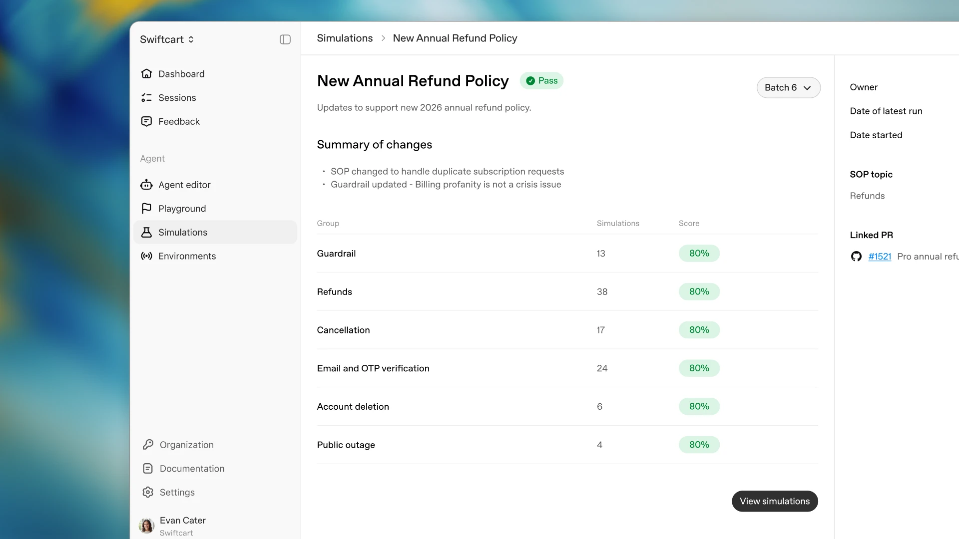 Image 2: OpenAI Presence interface screenshot showing simulation results for a new annual refund policy.