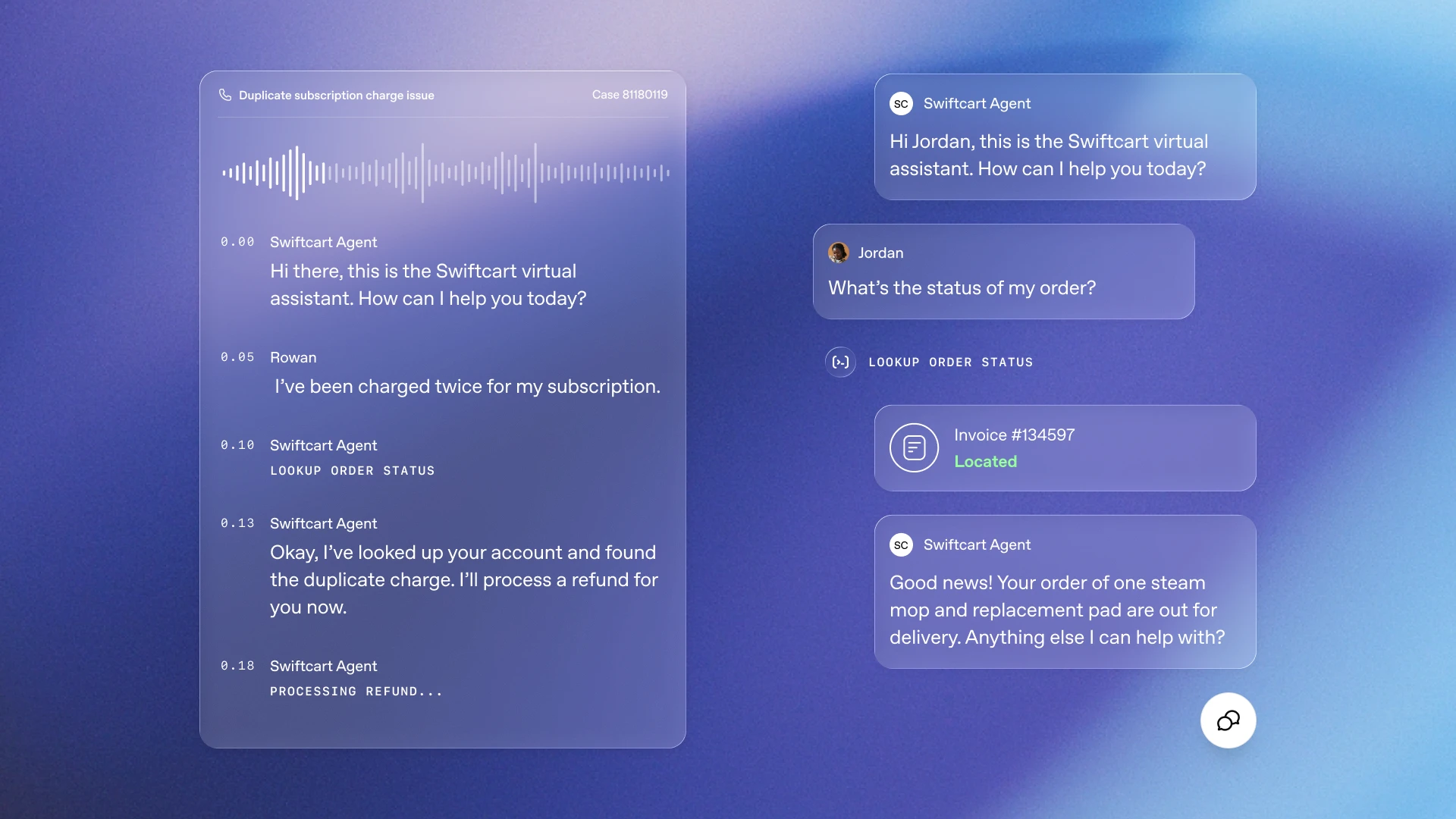 Image 1: OpenAI Presence interface mockup showing a customer support conversation and related tool action.