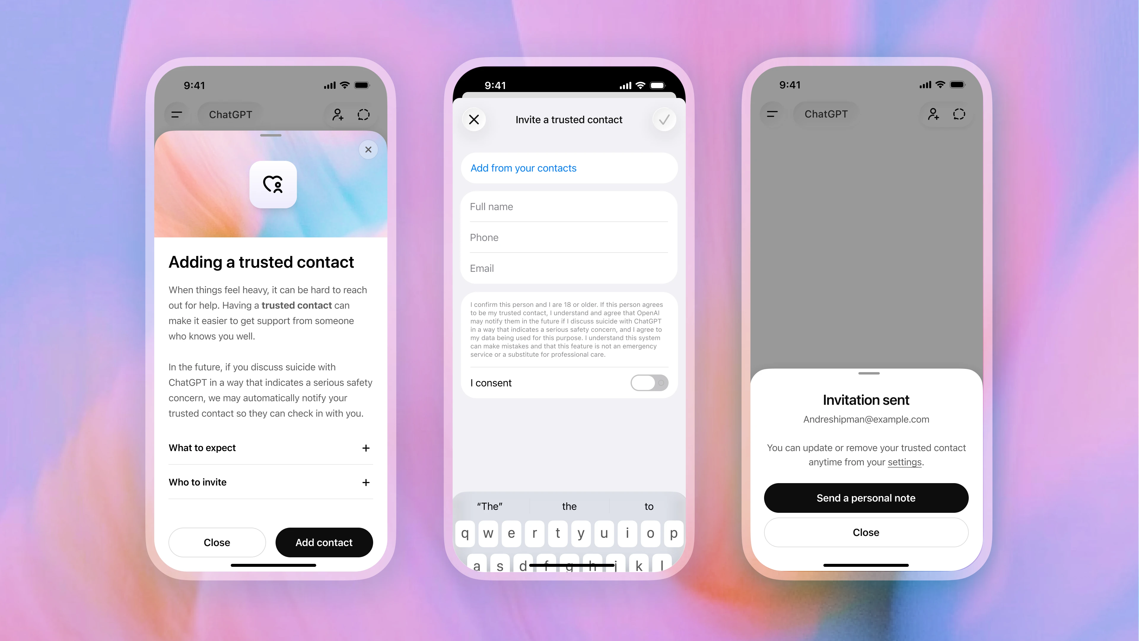 Image 1: Three ChatGPT screens showing how to add a trusted contact: an info page, a contact form with consent toggle, and a confirmation that the invitation was sent.