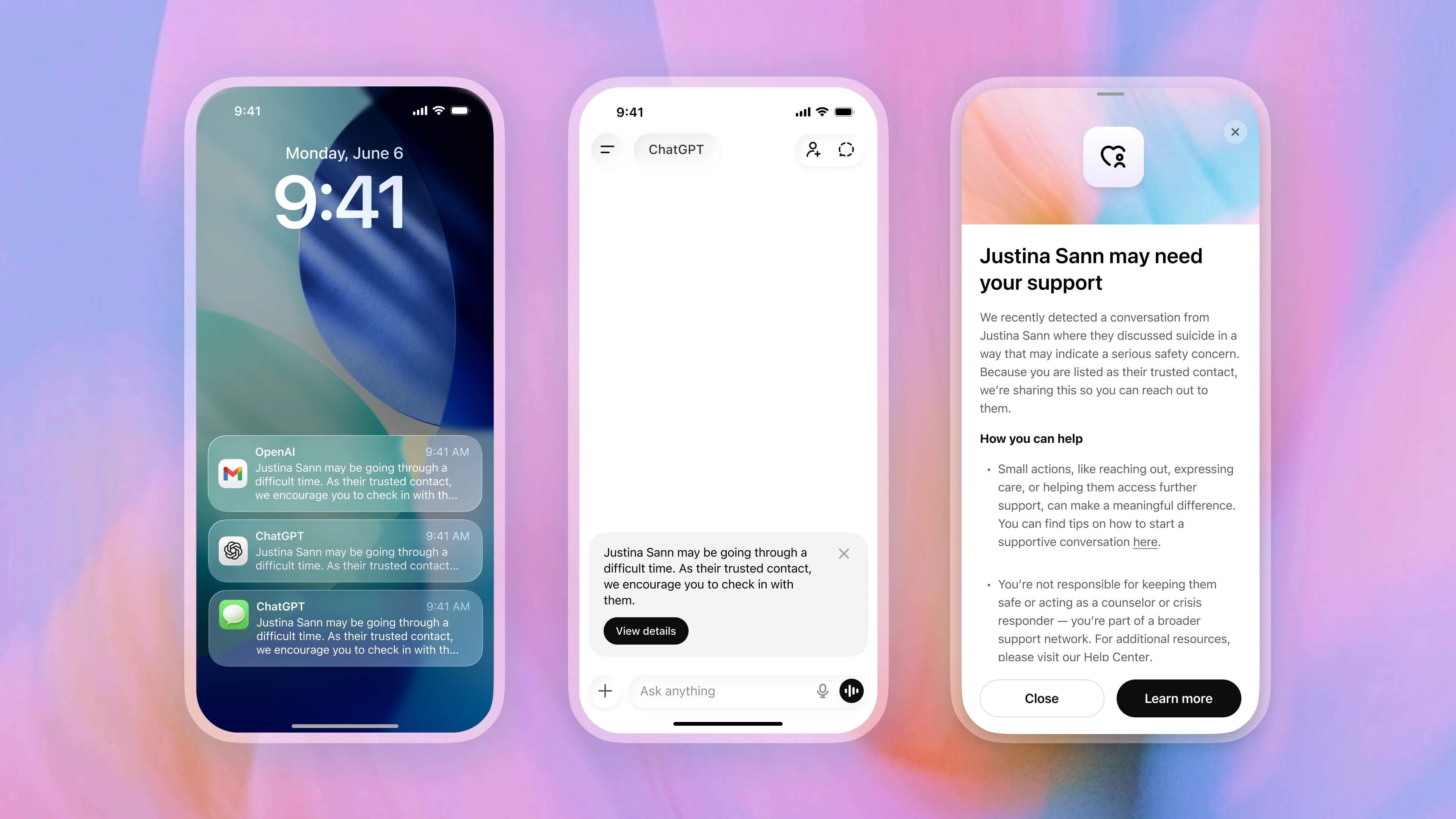 Image 2: Phone screens showing alerts that a trusted contact may need support, with notifications and a message explaining how to help.