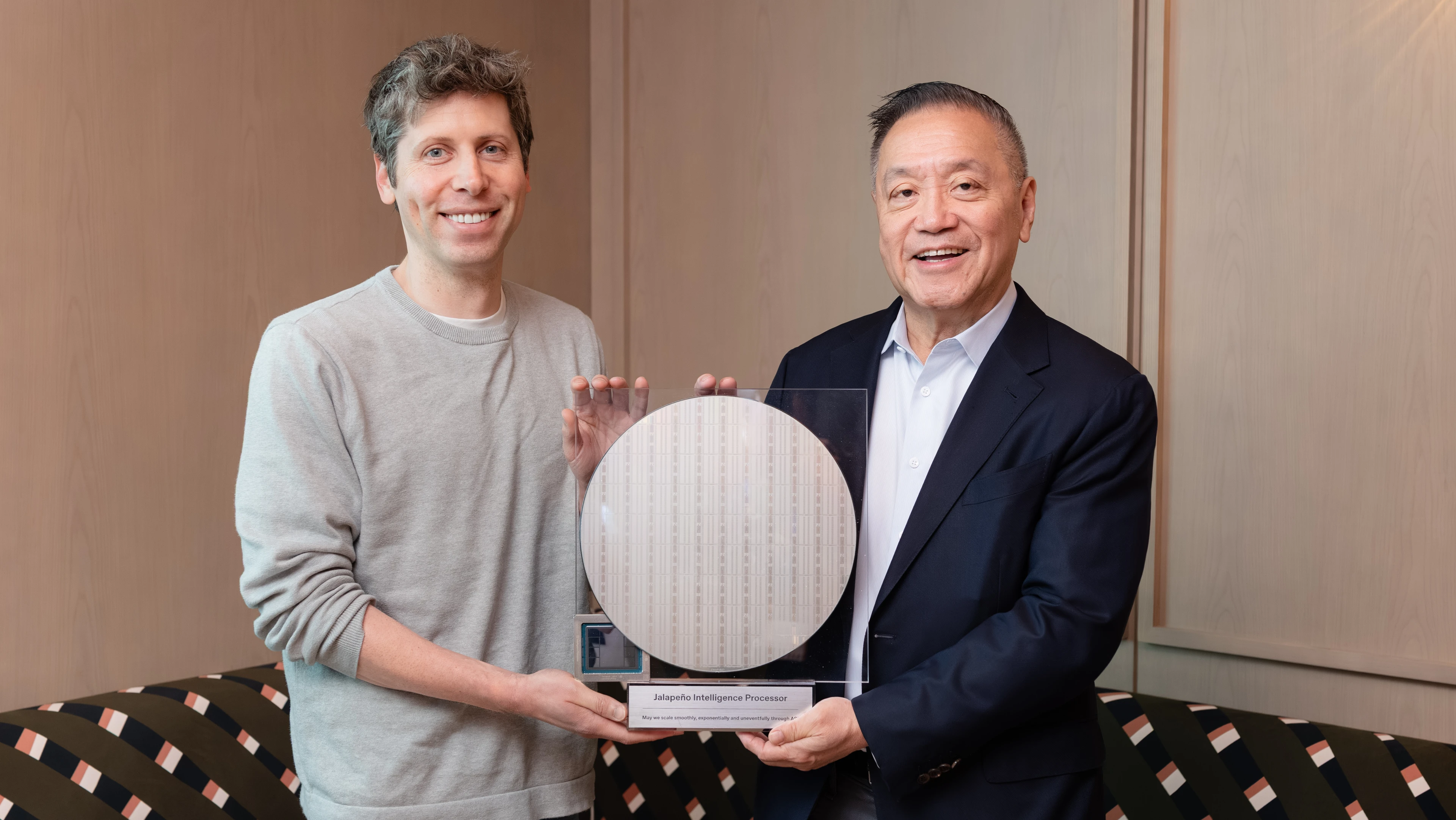 Image 1: OpenAI and Broadcom leaders display the Jalapeño inference chip.