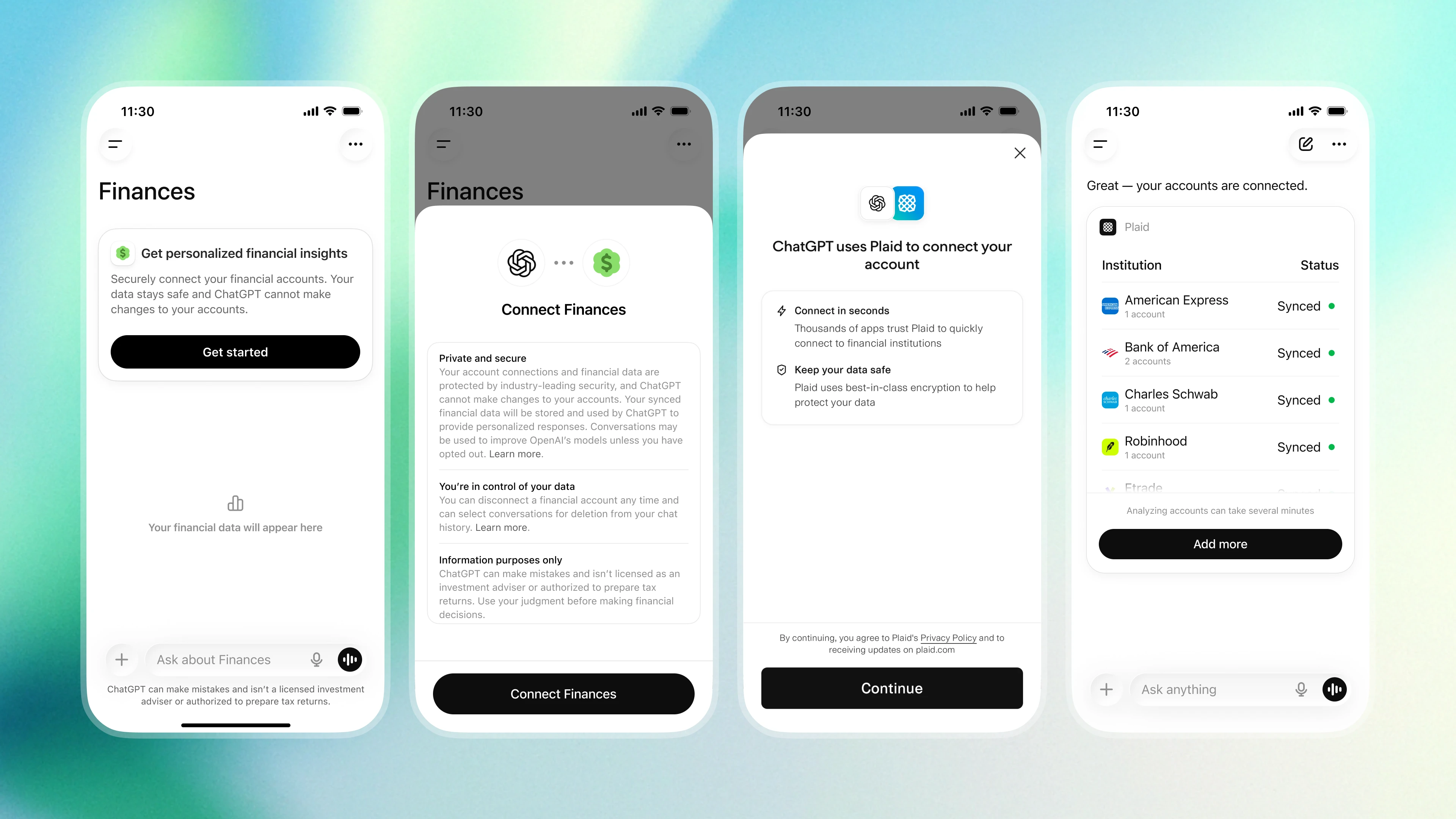 Image 1: Four mobile app screens showing the process of connecting financial accounts to ChatGPT