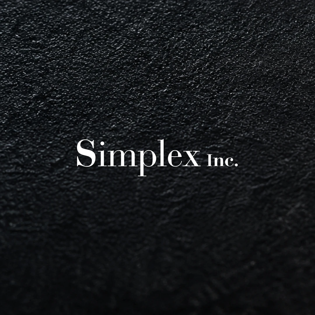 Image 1: White ‘Simplex Inc.’ serif logo centered on a dark, textured black surface background.