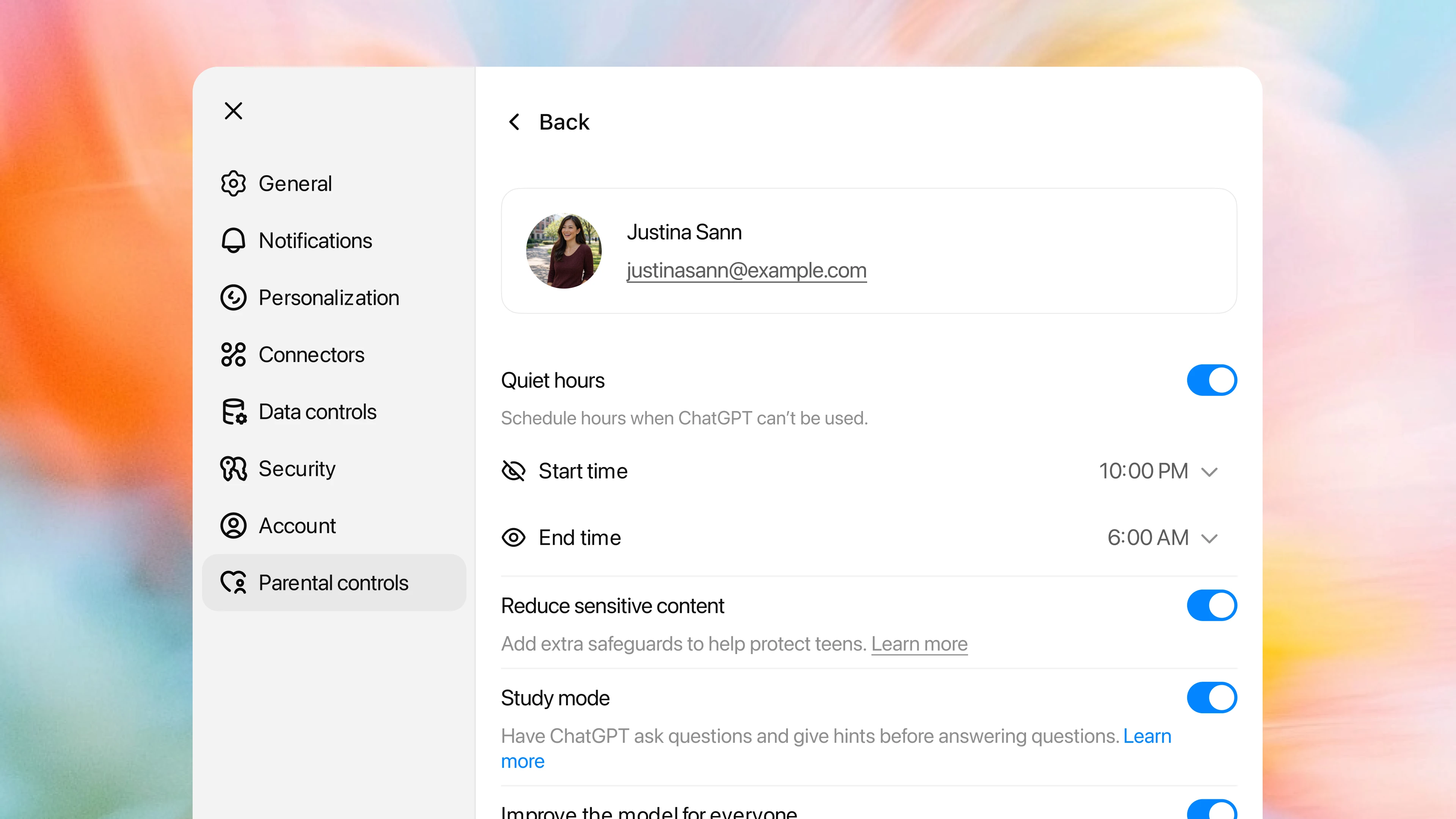 Image 1: ChatGPT parental controls screen showing Study mode enabled for a teen account.
